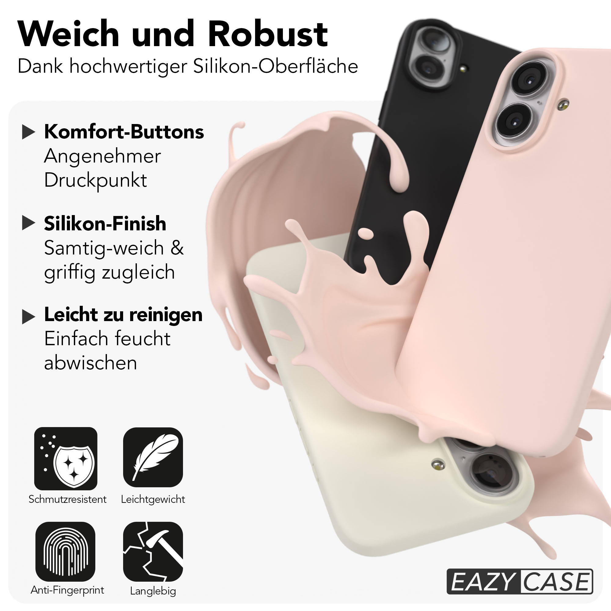 Drei Handyhüllen in Rosa, Schwarz und Beige, umgeben von flüssigem Rosa.