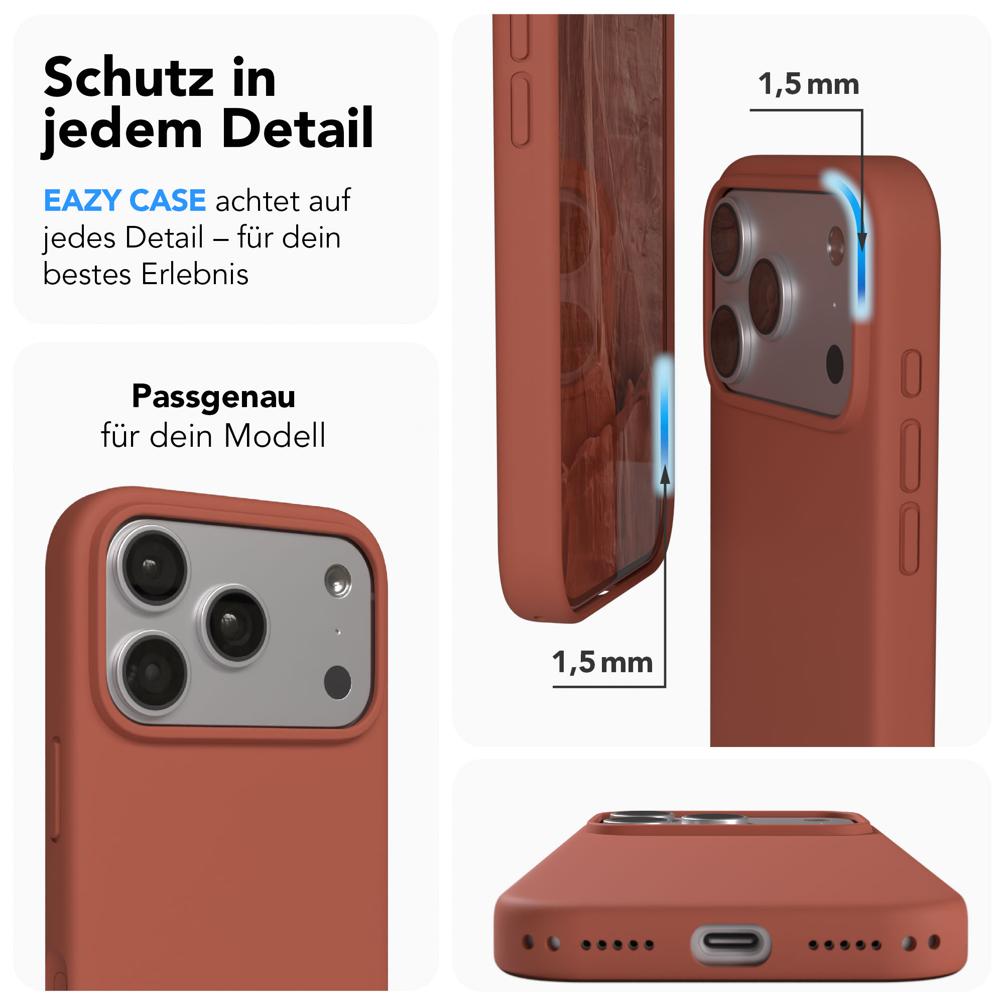 Rote Handyhülle mit Kameraausschnitt und Ladeanschluss.