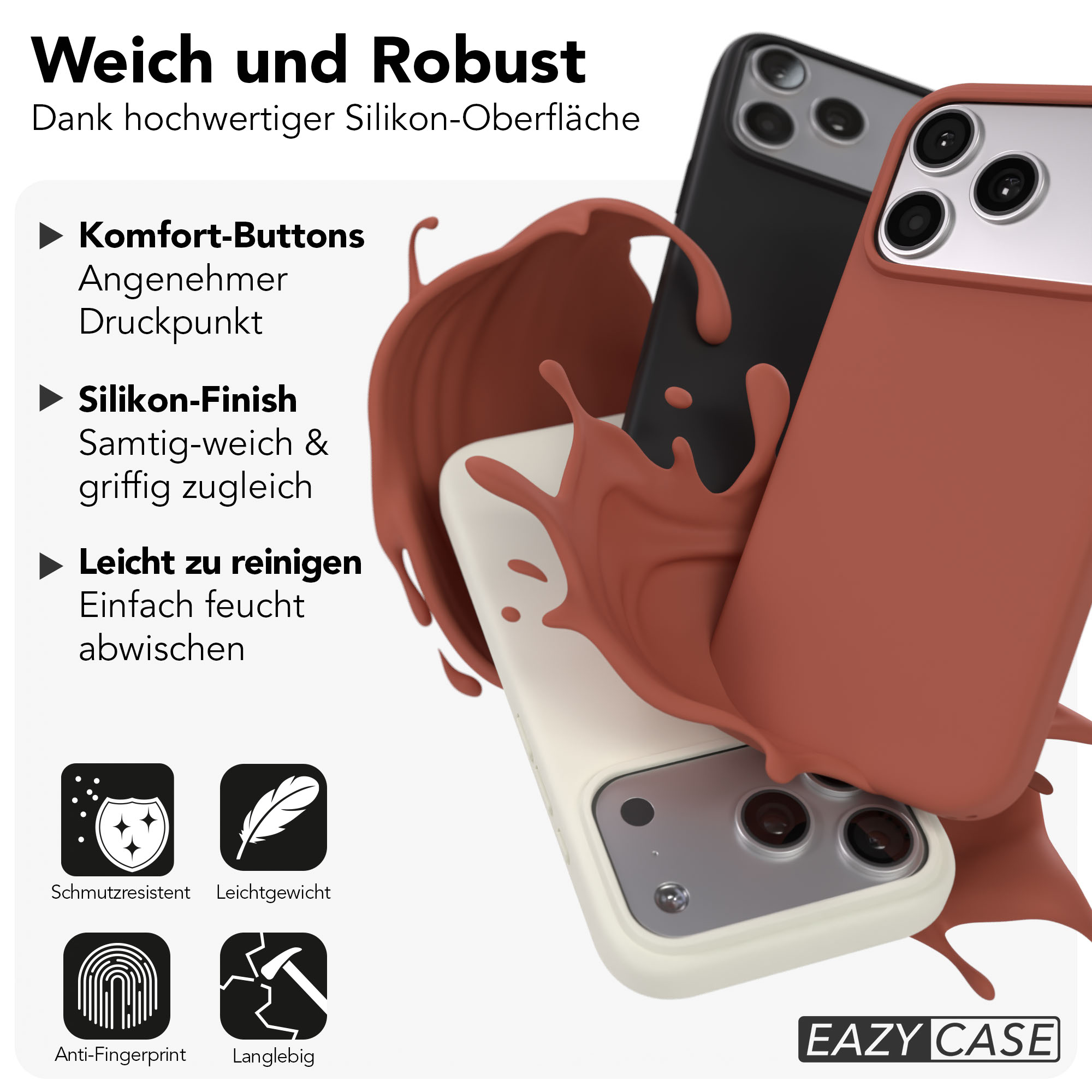 Drei iPhone-Hüllen in Rot, Schwarz und Weiß mit brauner Flüssigkeit.