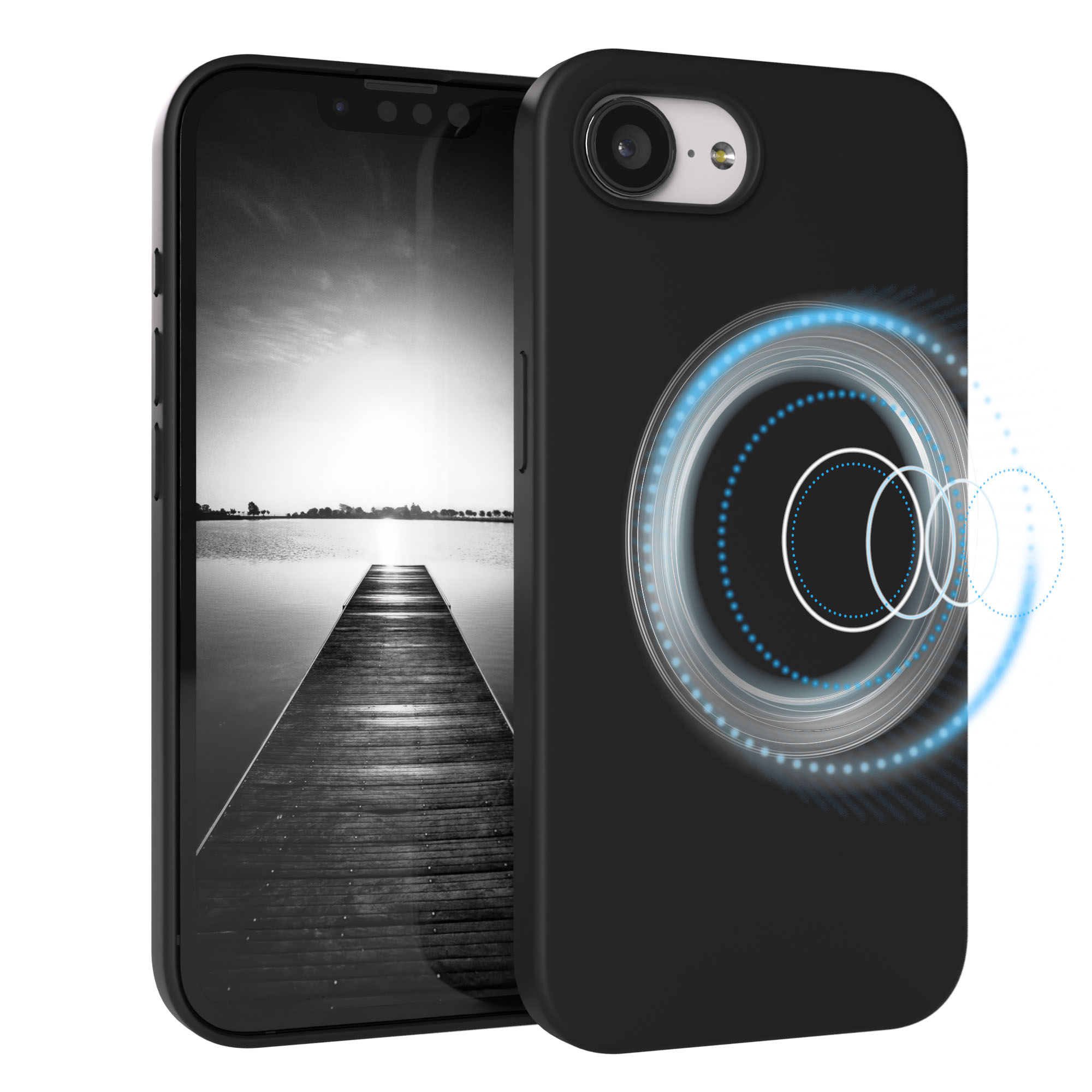 Schwarzes Smartphone mit Dock und See im Hintergrund, mit Kreisen.
