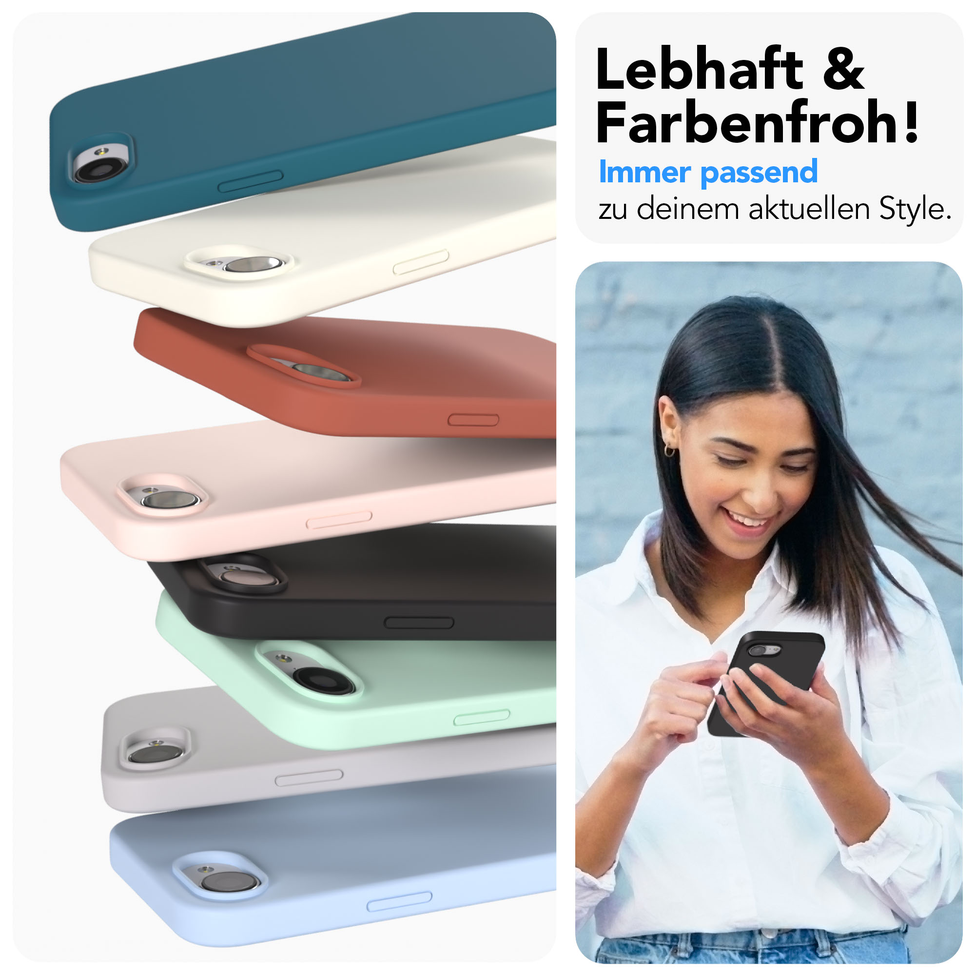 Gestapelte Handyhüllen in Blau, Creme, Rosa, Schwarz, Mint, Grau und Hellblau.