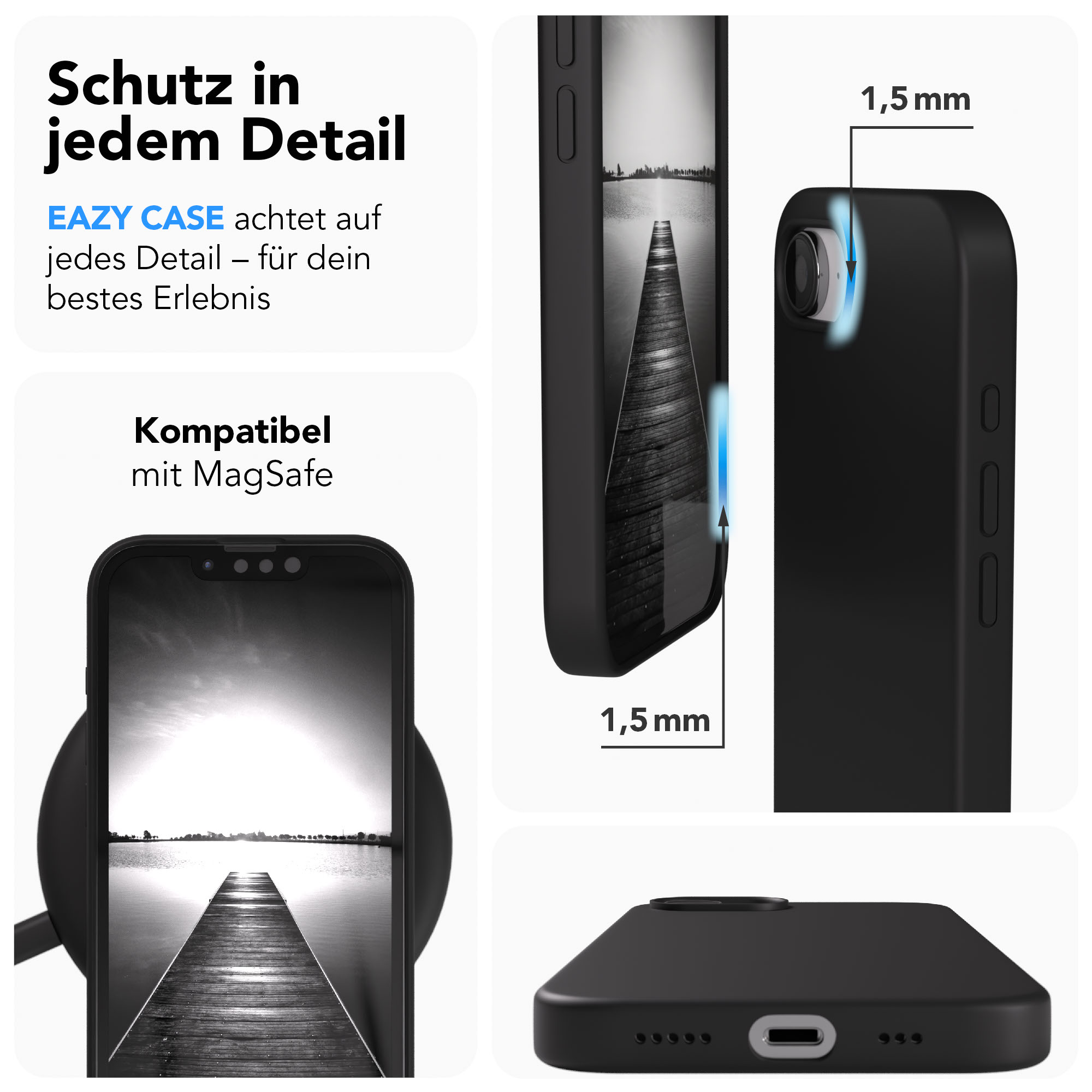 Schwarze Handyhülle mit Motiv einer Holzbrücke, MagSafe-kompatibel und 1,5mm dick.