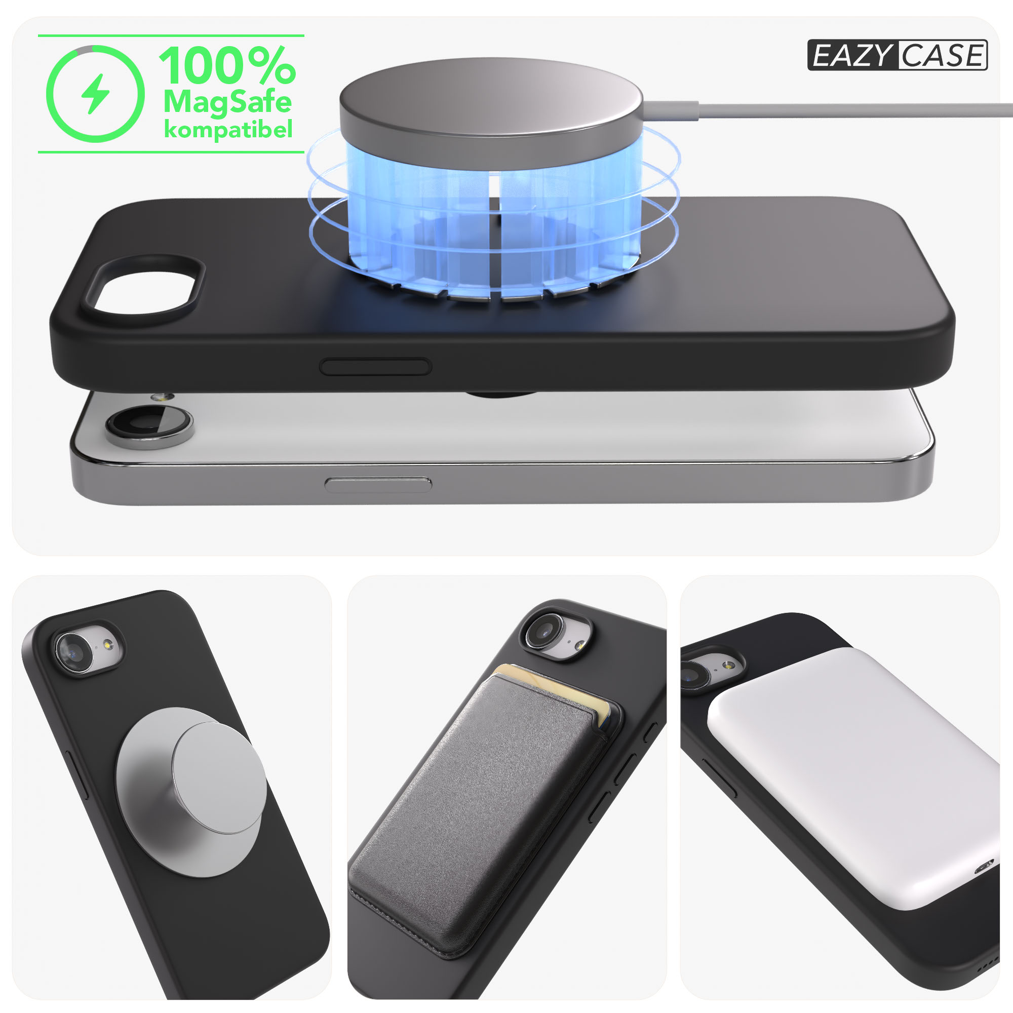 iPhone mit schwarzer MagSafe Hülle, lädt drahtlos. Zubehör im Fokus.