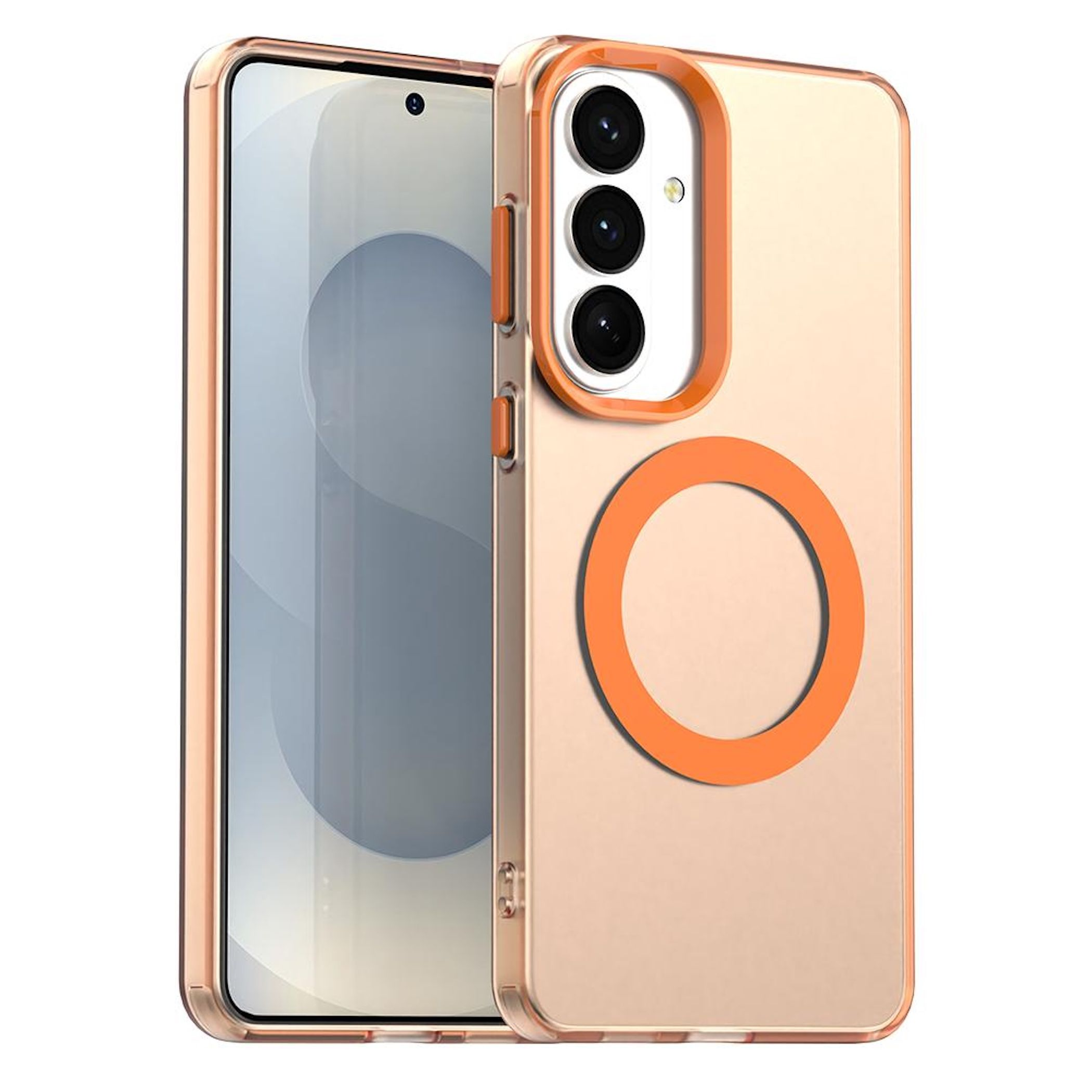 Ein durchsichtiges Handyhülle mit orangem Rand und Ring.