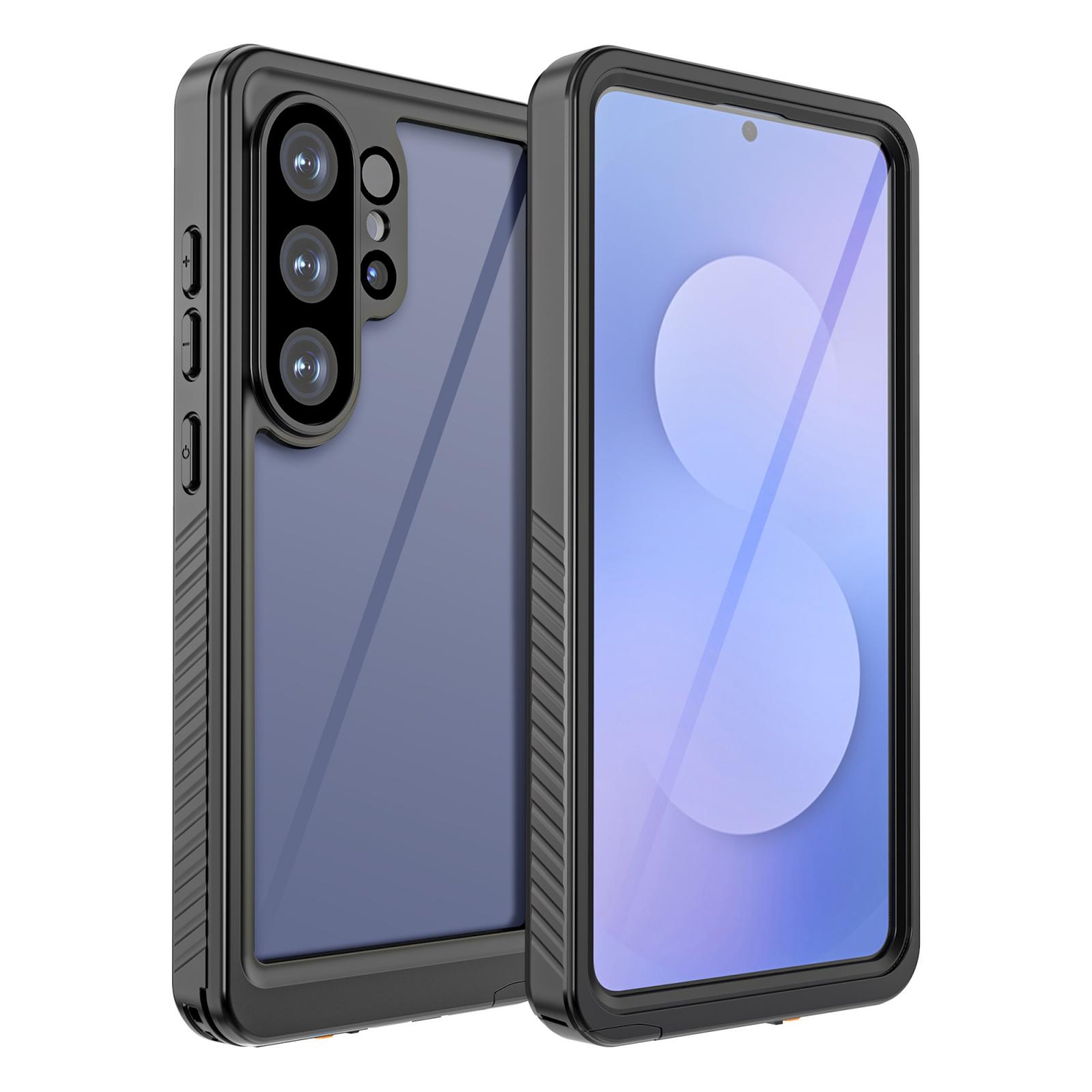 Ein schwarzes Handy mit drei Kameras auf der Rückseite und einem blauen Bildschirm.