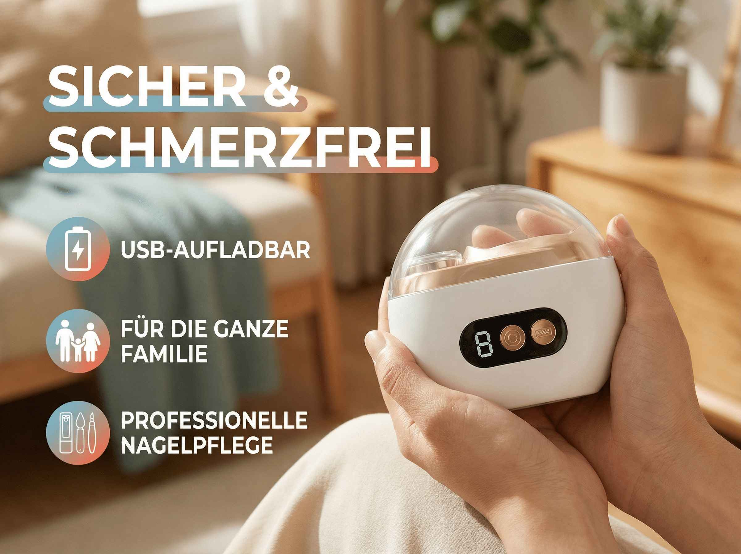 Hände halten ein weißes Nagelpflegegerät mit digitaler Anzeige und Bedienelementen.