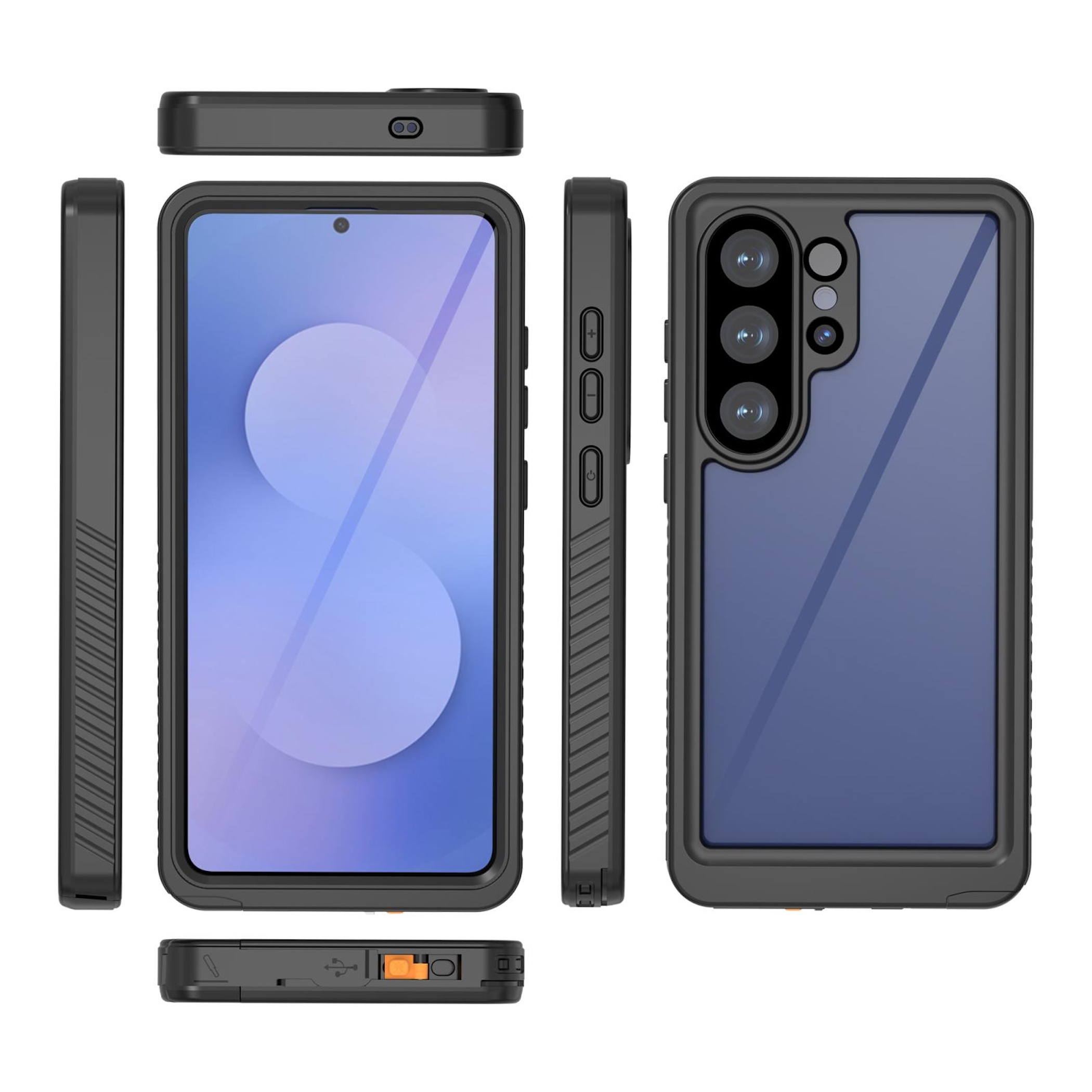 Schwarzes Handy-Schutzgehäuse mit mehreren Ansichten und Kameraöffnung.