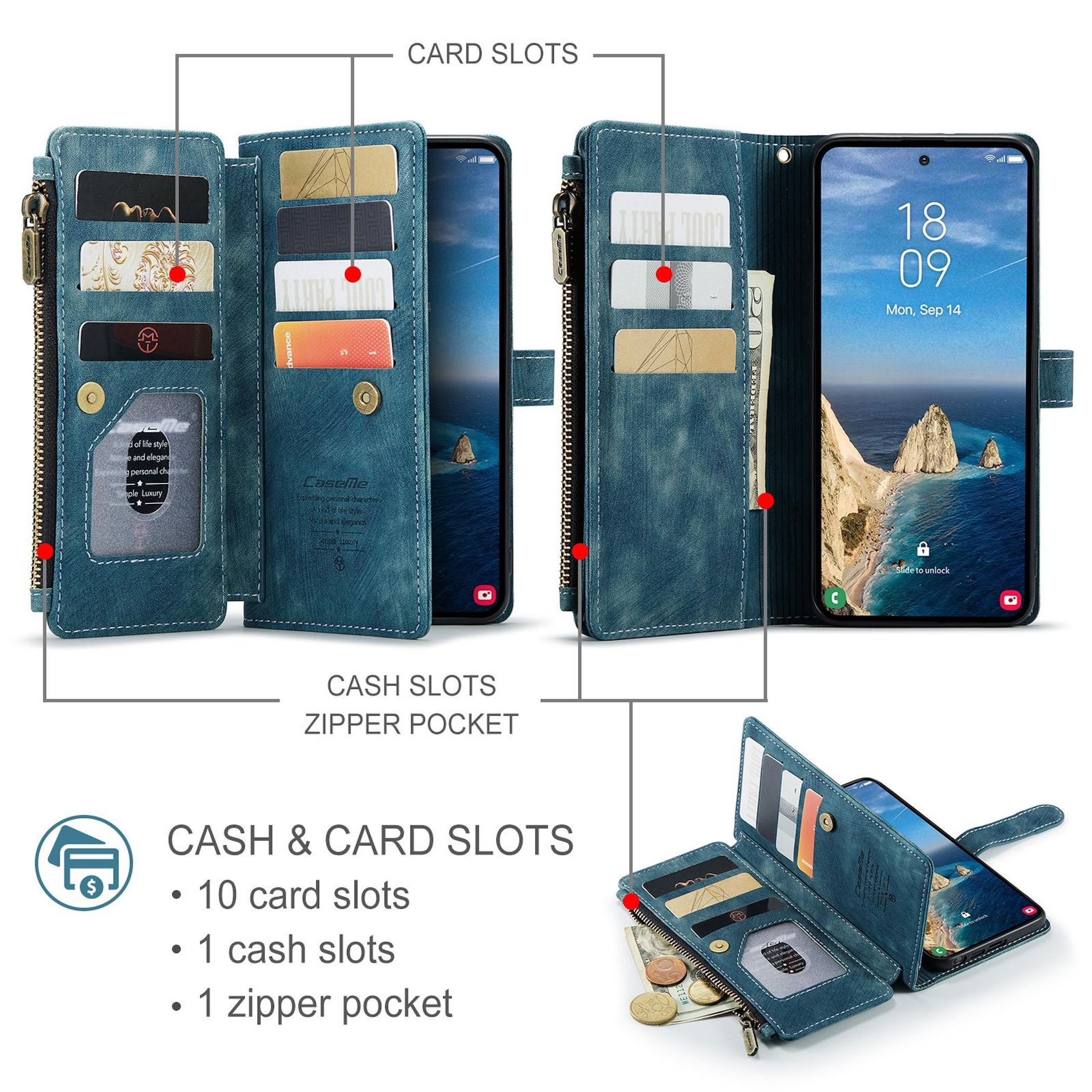 Ein blaues Leder-Wallet mit Handy, Kartenfächern und Reißverschlusstasche.