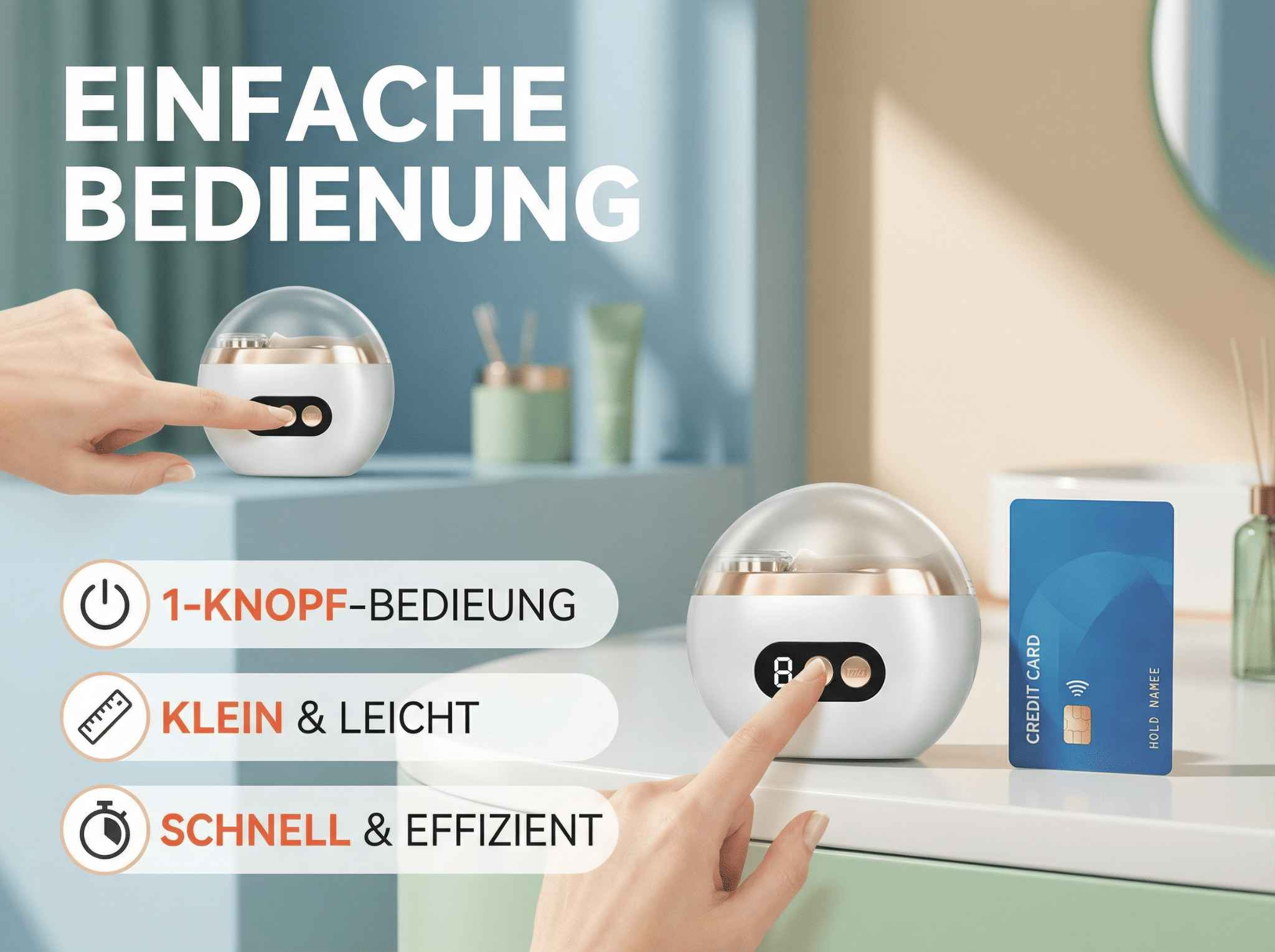 Ein weißes Gerät mit einer Kuppel, das mit einem Knopf bedient wird. Daneben eine blaue Kreditkarte.