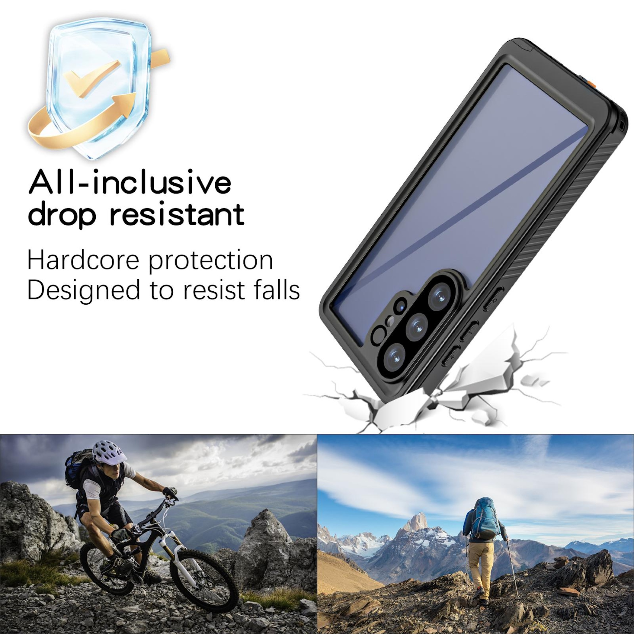 Robustes Handycover, Mountainbiker, Wanderer in den Bergen.