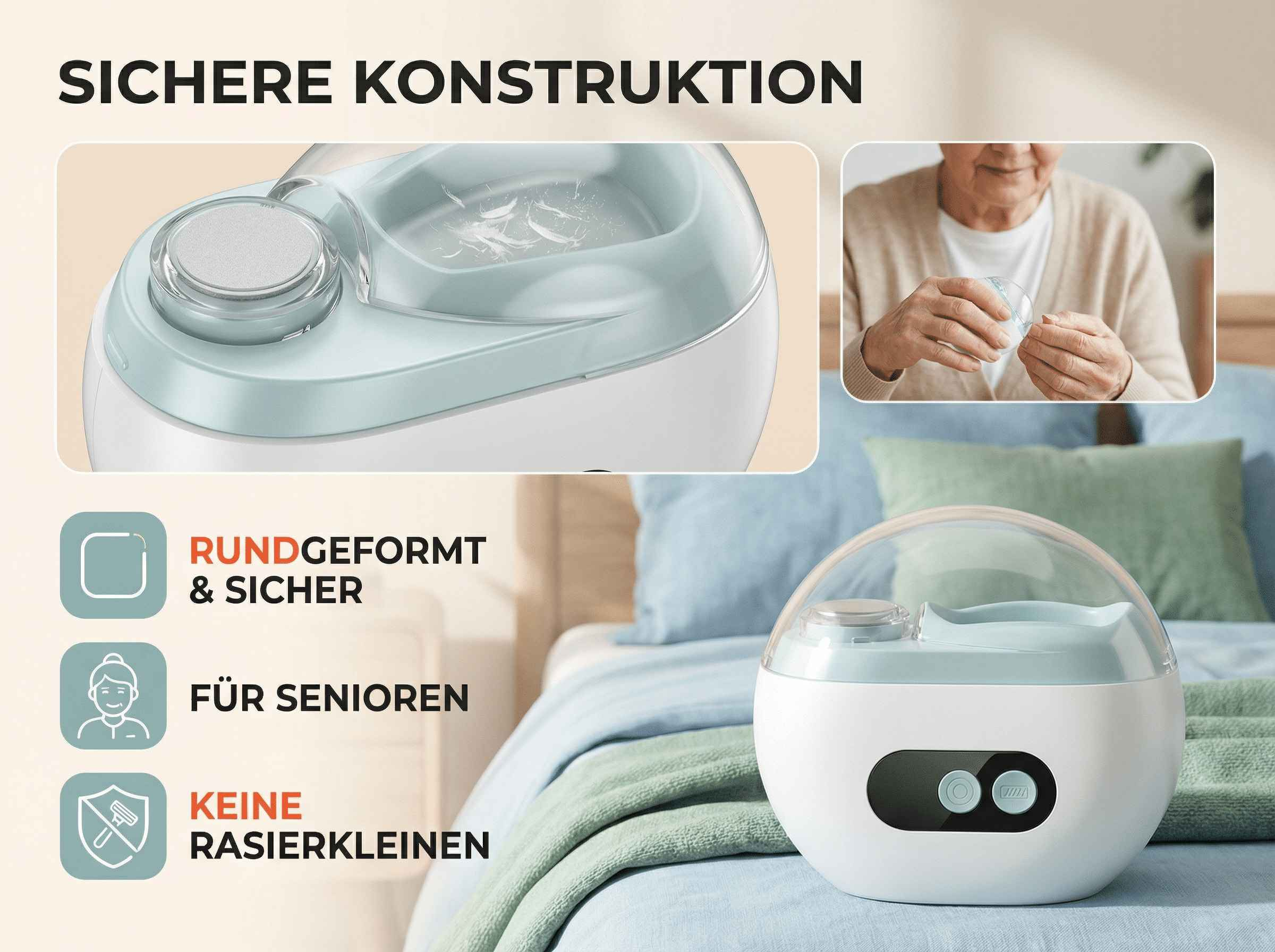Ein weiß-hellgrünes Gerät mit transparenter Haube steht auf einem Bett.