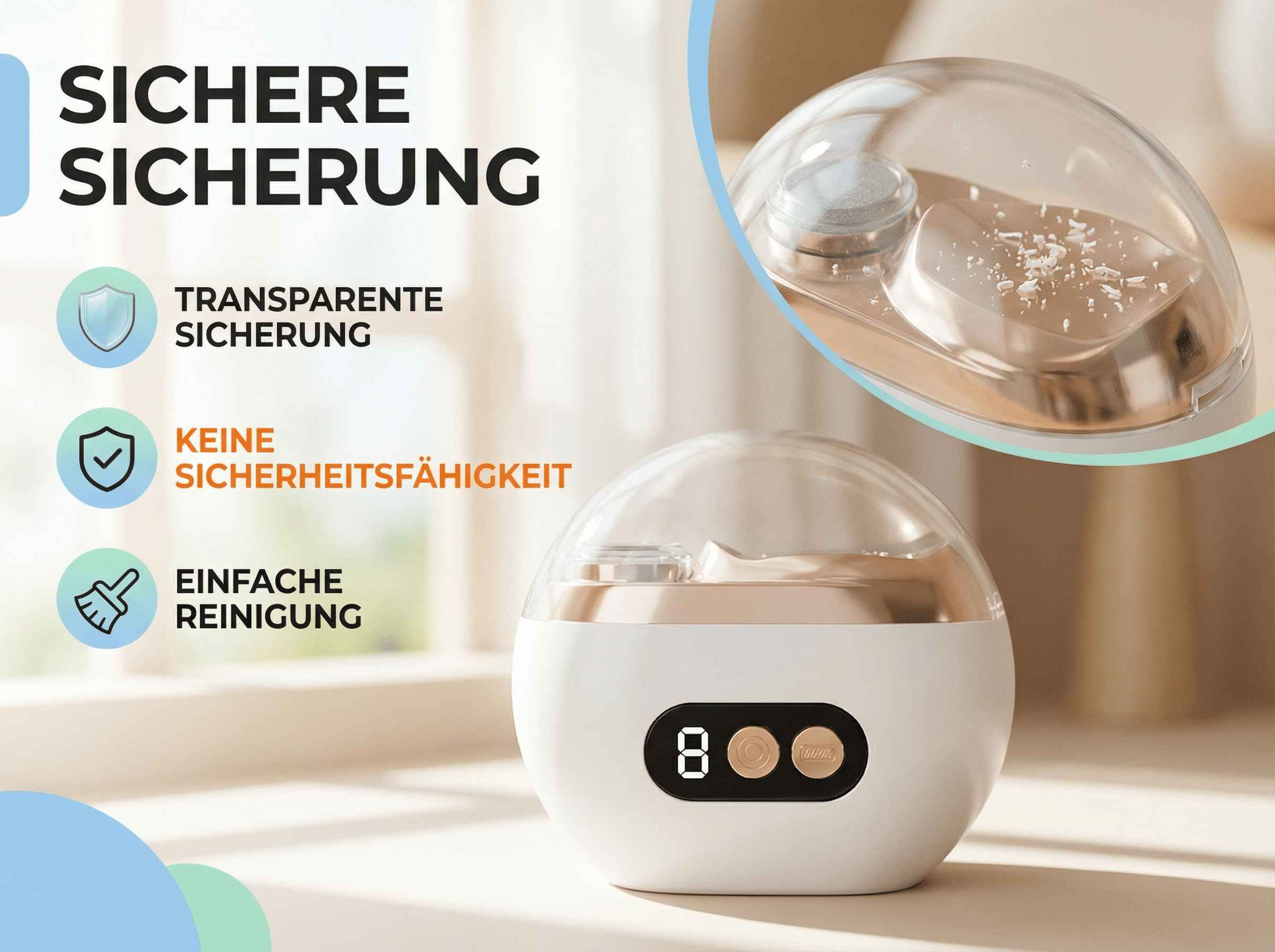 Ein weißes Gerät mit transparenter Kuppel und digitalen Anzeigen.