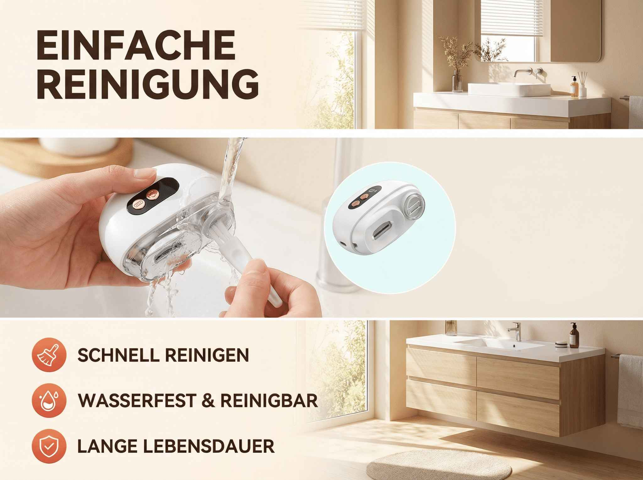 Ein weißes Reinigungsgerät wird unter fließendem Wasser gehalten. Text: Einfache Reinigung.