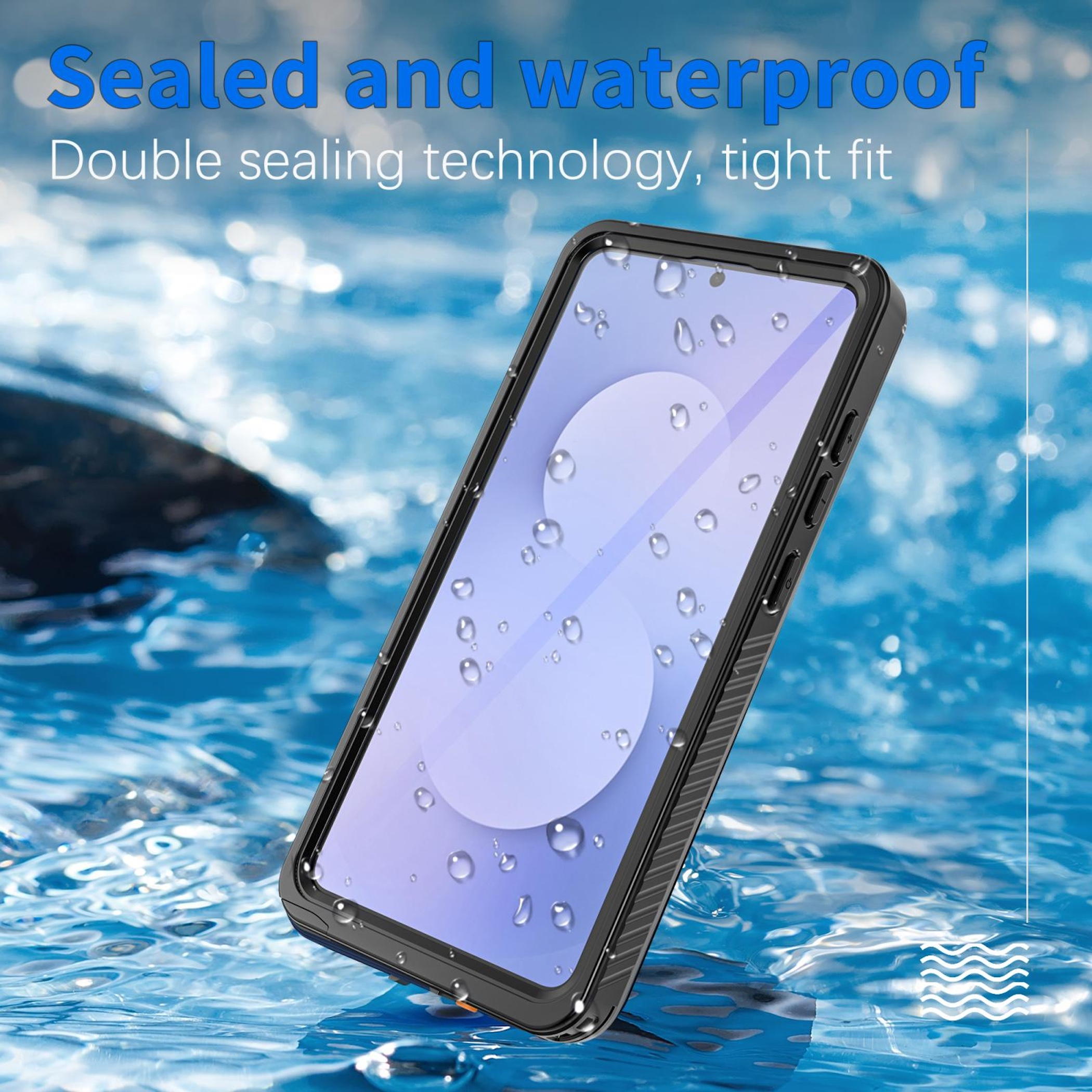 Eine schwarze Handyhülle mit Wassertropfen sitzt in blauem Wasser. Text: 'Sealed and waterproof'.