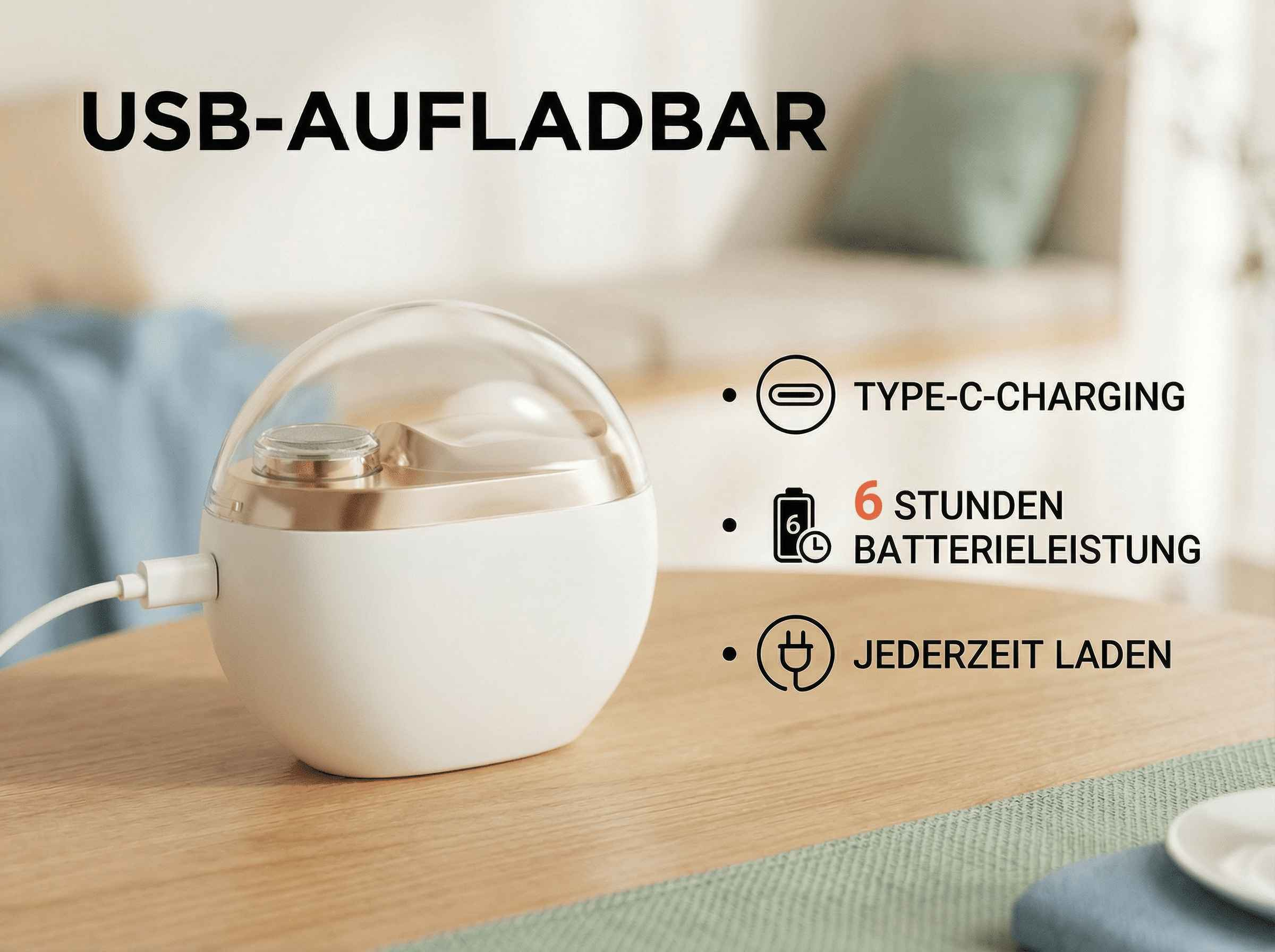 Ein weißes, rundes Gerät mit transparenter Abdeckung ist über USB Typ-C aufgeladen.