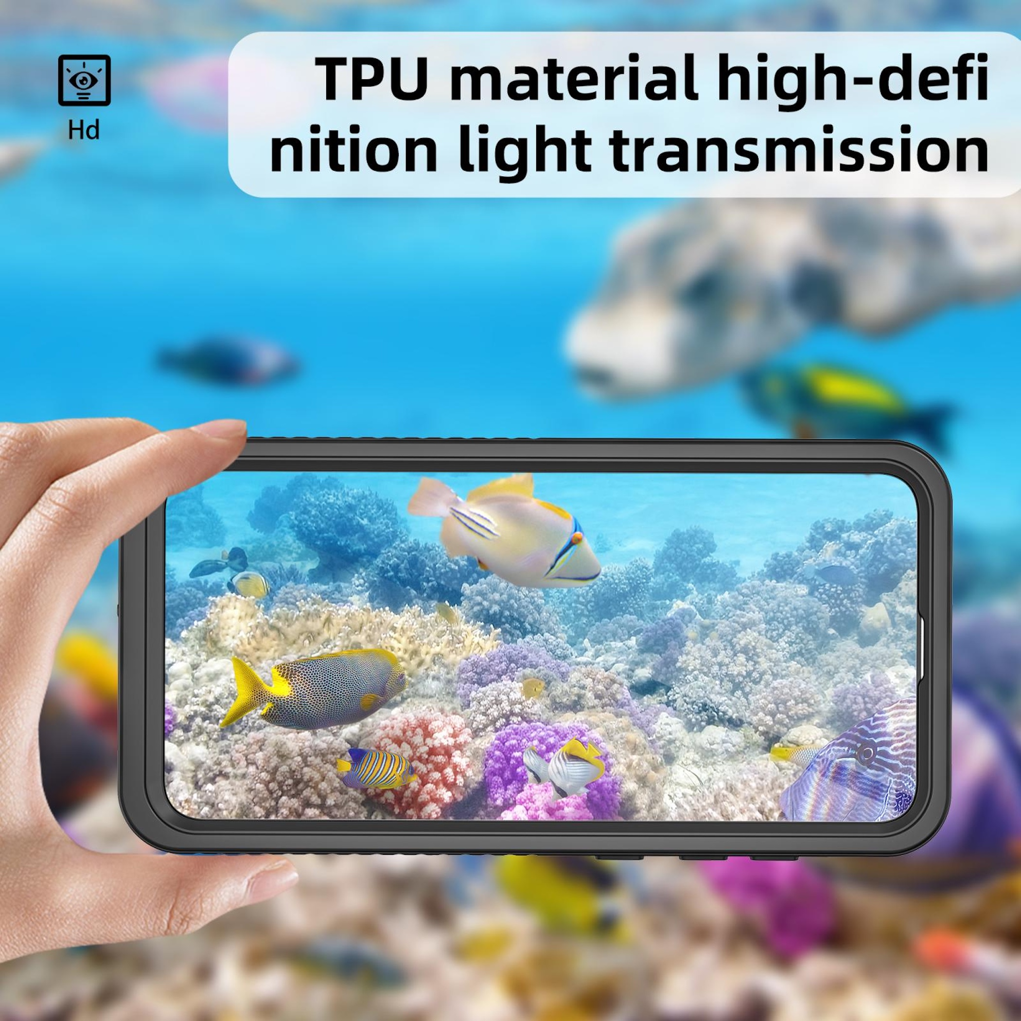 Eine Hand hält ein Smartphone, das einen Korallenriff mit Fischen anzeigt.