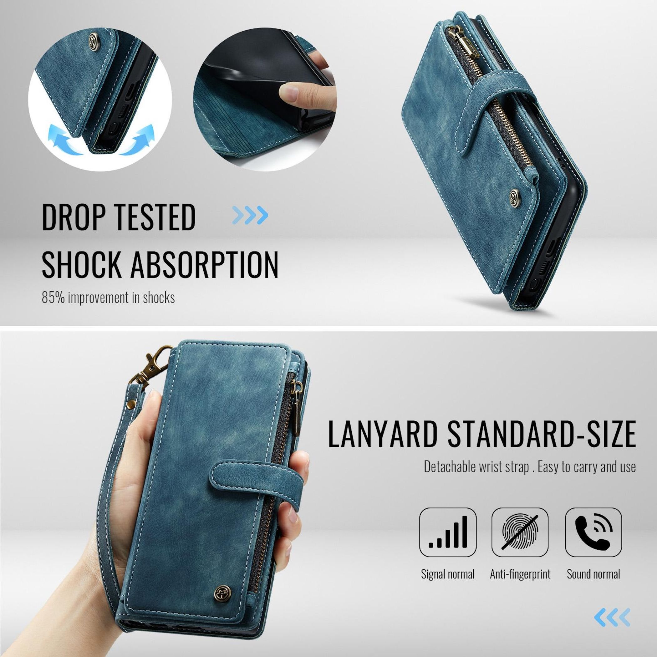 Blaues Handy-Portemonnaie mit Reißverschluss, Lanyard, Falltest, Schockabsorption.