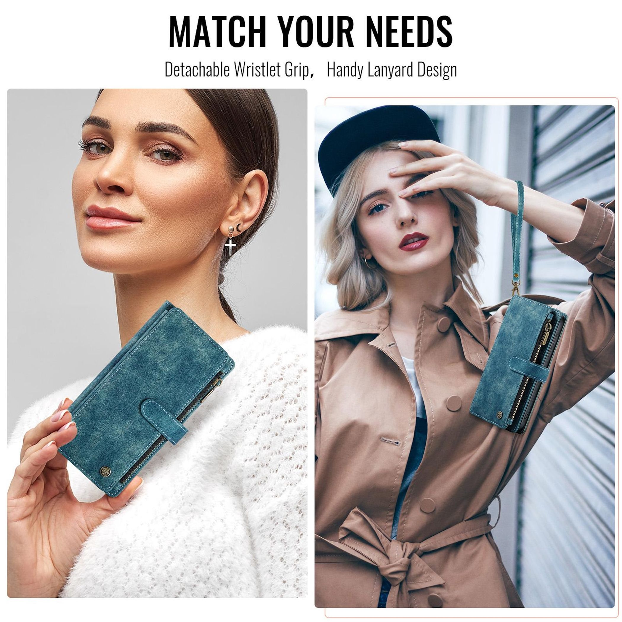 Zwei Frauen zeigen eine blaue Brieftasche mit Reißverschluss und einem abnehmbaren Riemen.