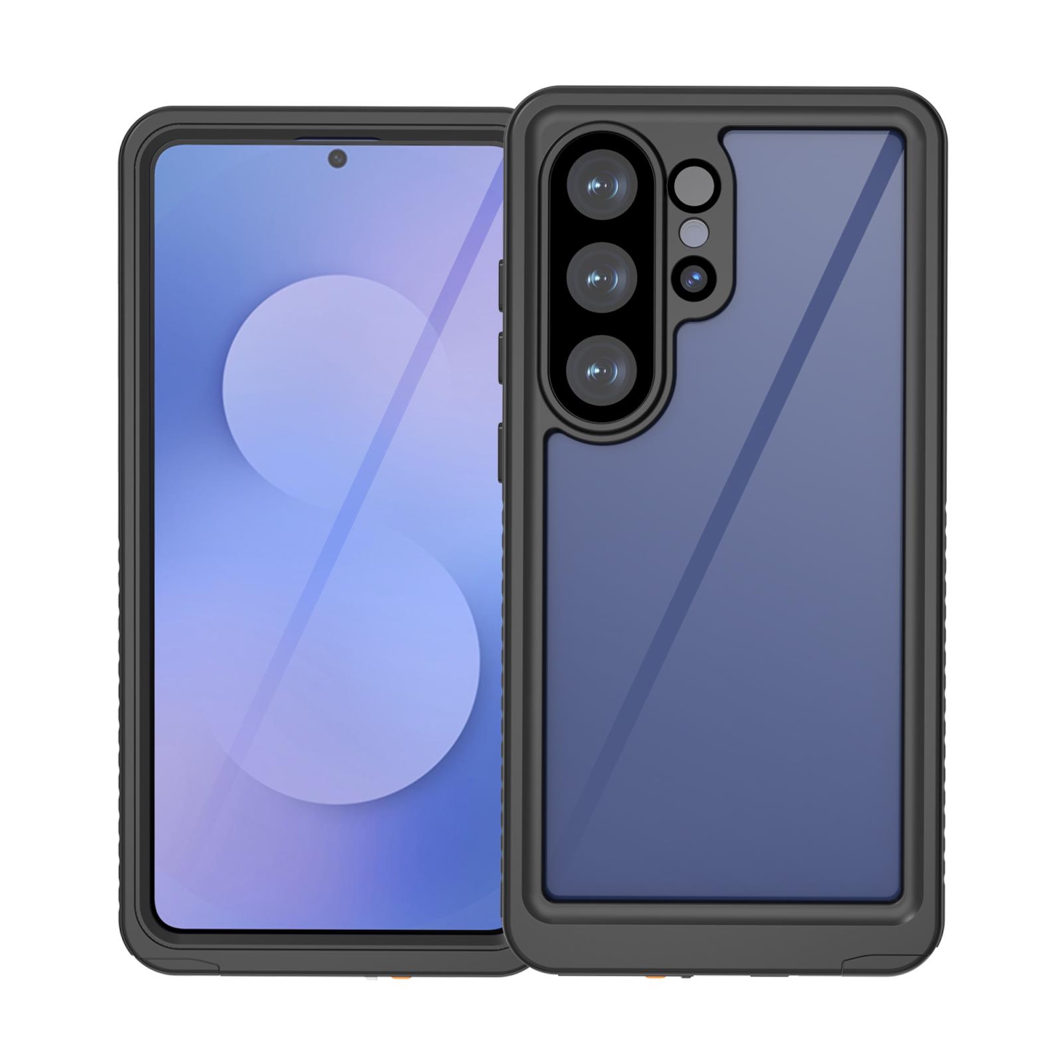 Ein schwarzes Schutzgehäuse für ein Smartphone mit drei Kameras und einem blauen Rückenteil.