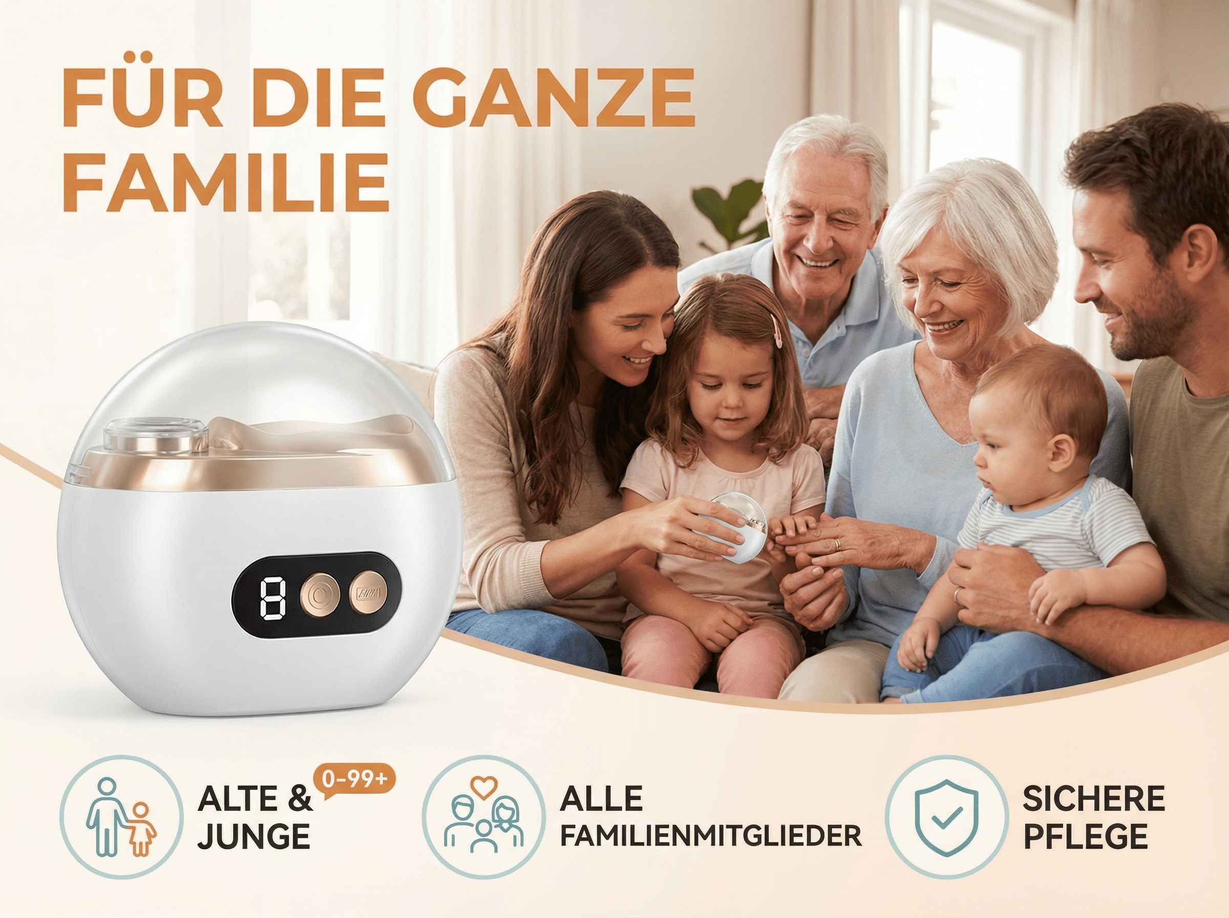 Eine Familie aller Altersstufen um ein Gerät herum