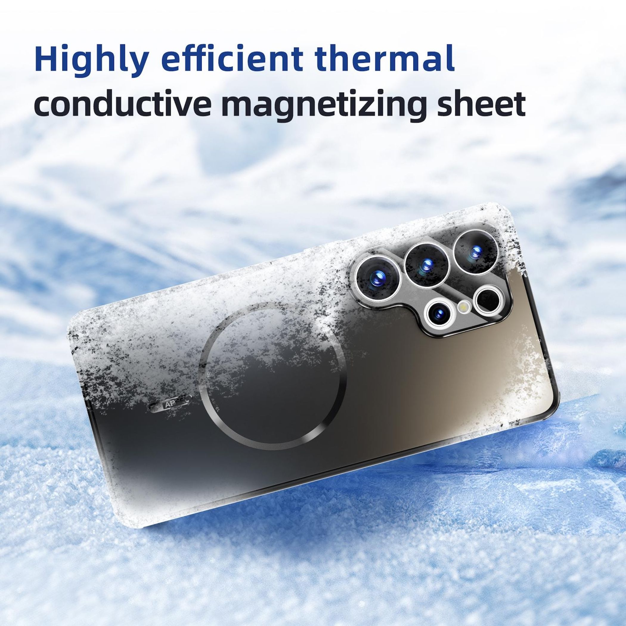 Un smartphone con cuatro cámaras, cubierto de nieve, yace sobre hielo.