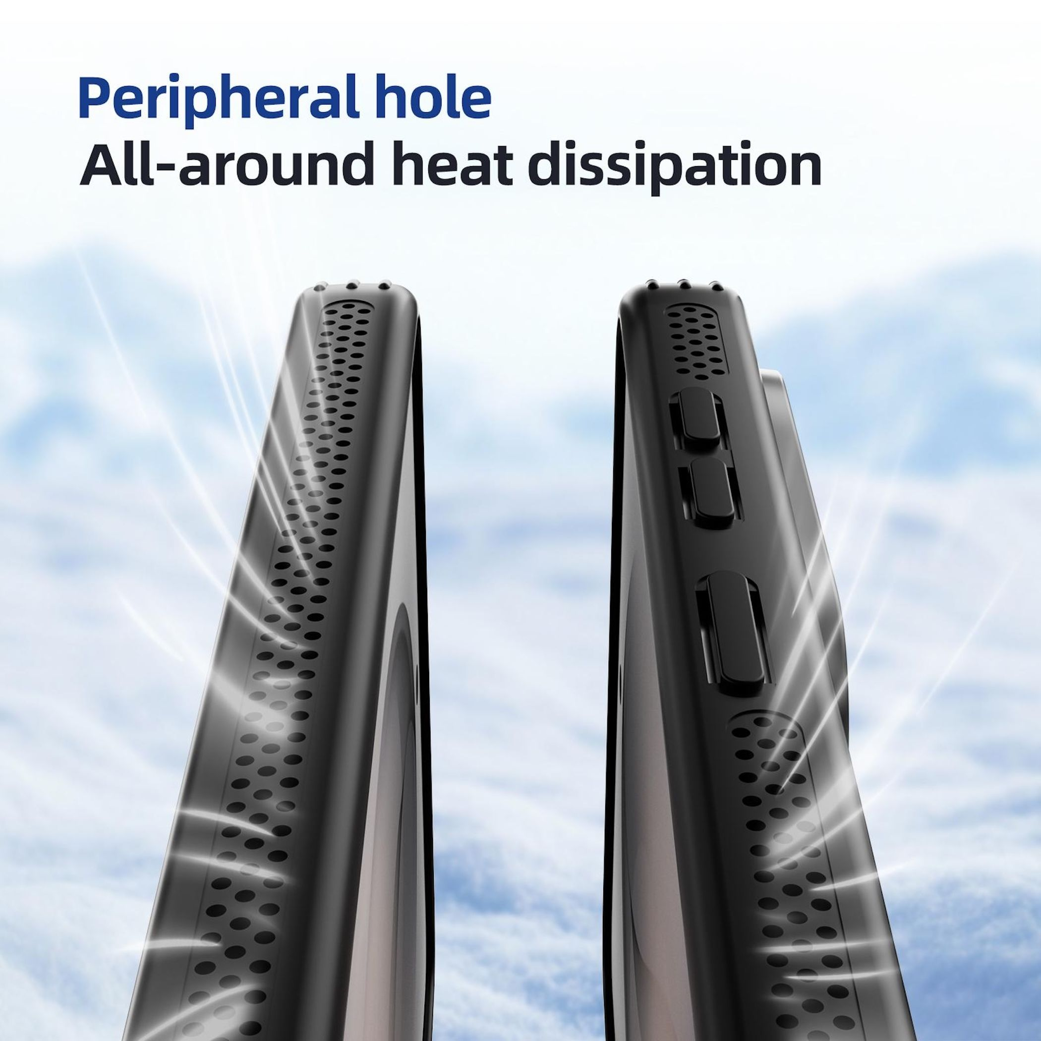 Dos fundas negras con ventilaciones, mostrando flujo de aire contra cielo nublado.