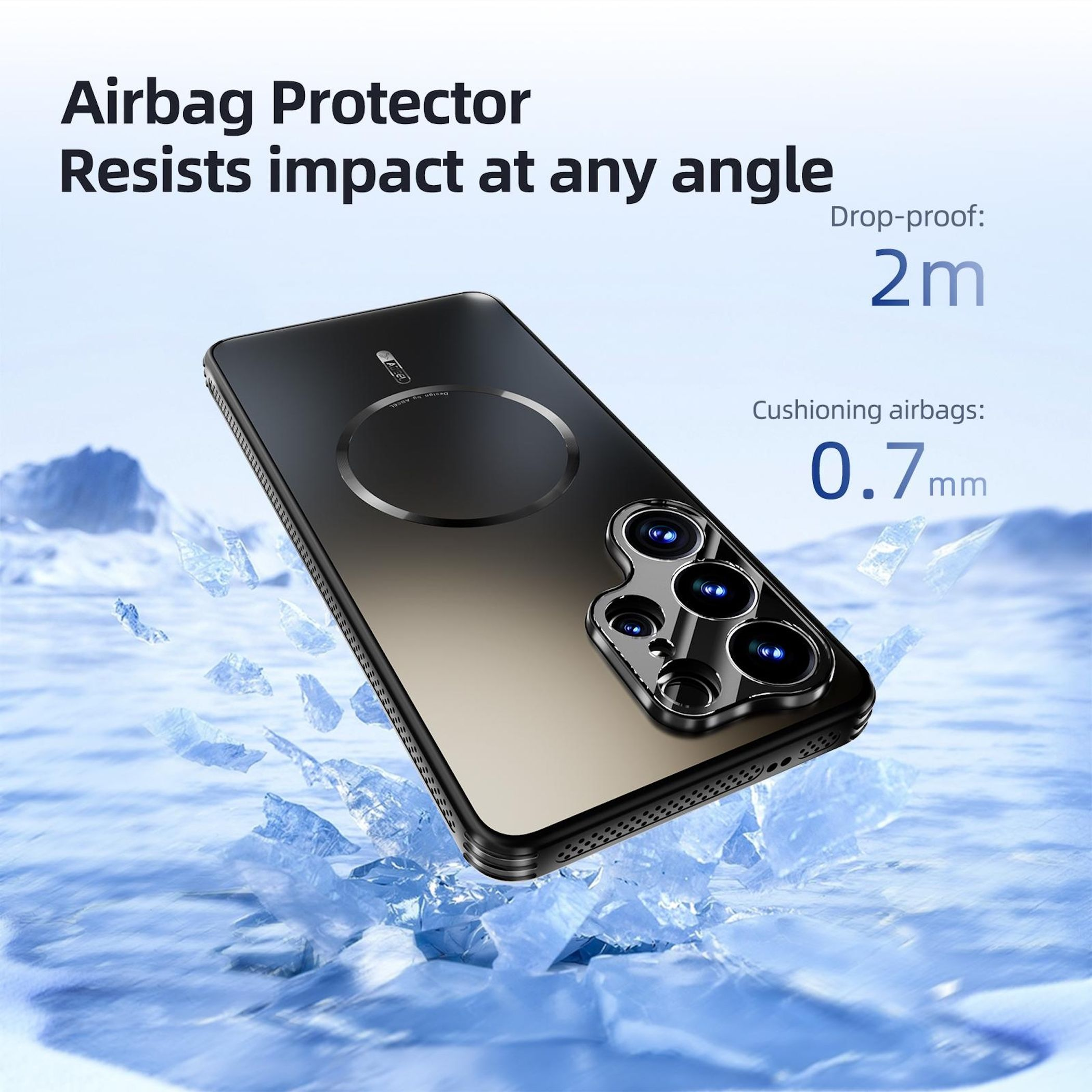 Un smartphone negro con protección de airbag sobre un fondo helado.