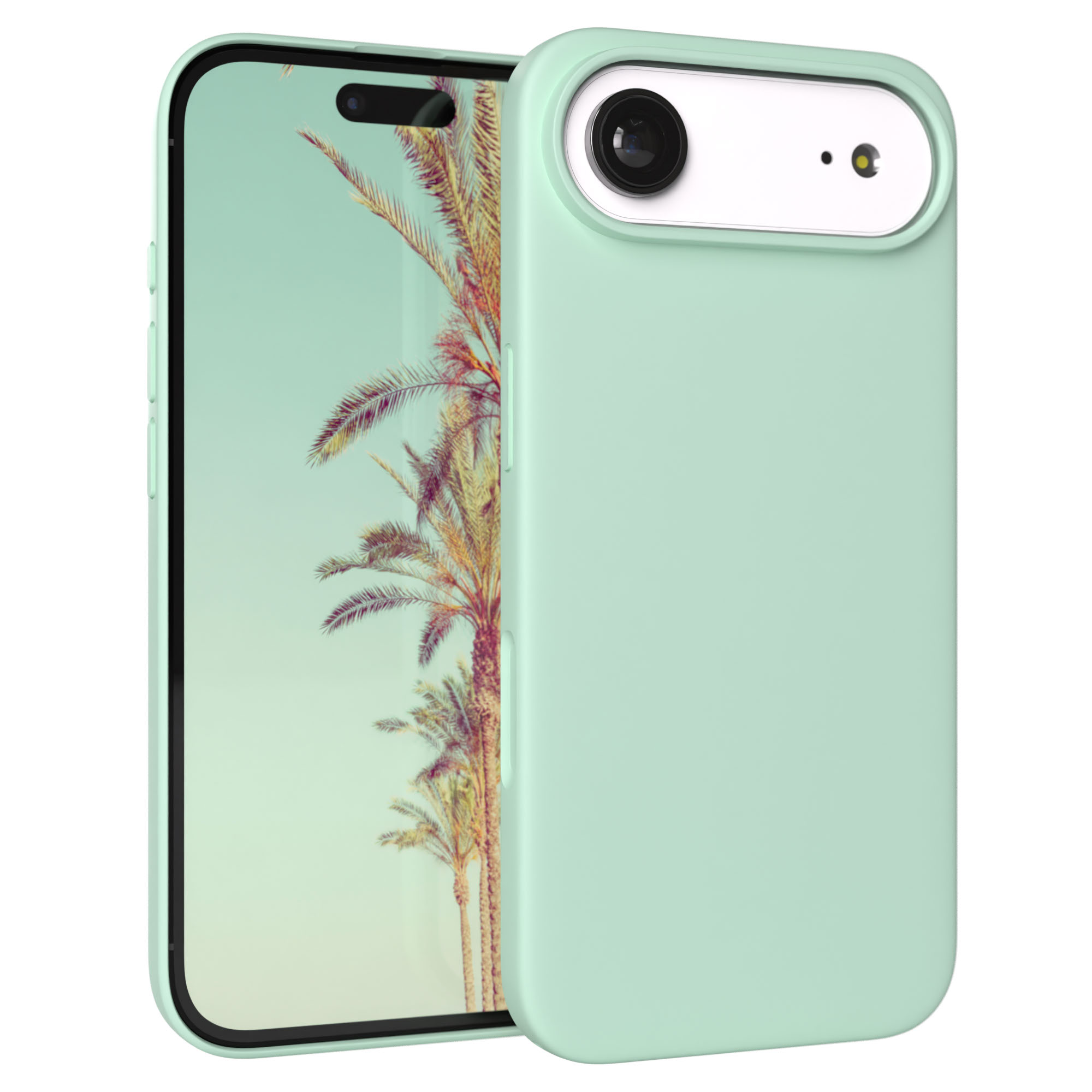 Ein hellgrünes Handy mit Palmenhintergrund auf dem Bildschirm.