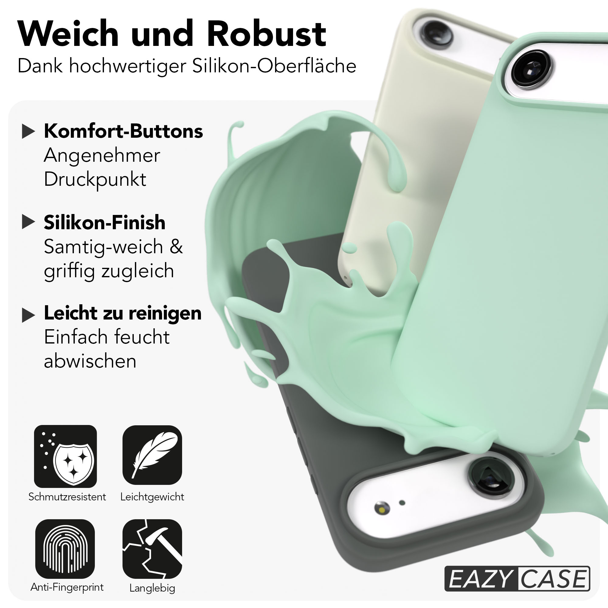 Weiche und robuste Handyhüllen in Mintgrün, Hellgrau und Cremefarben.