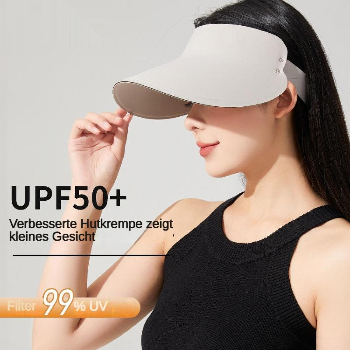 Frau mit weißem Sonnenschild, das 99% UV-Schutz bietet.