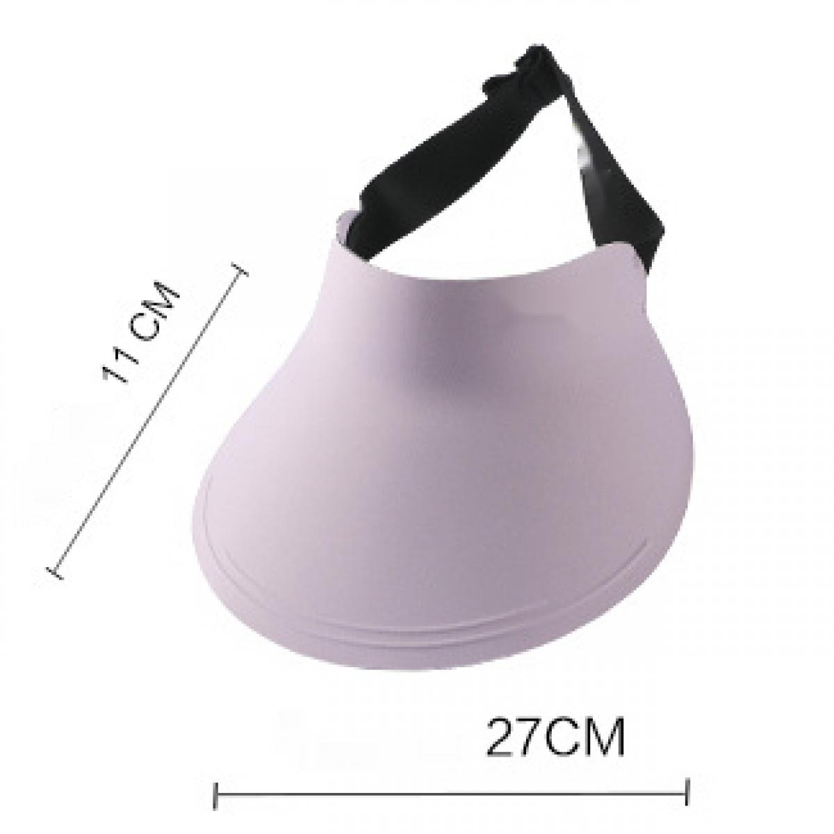 Ein lila Visor mit schwarzem Band und Größenangaben.