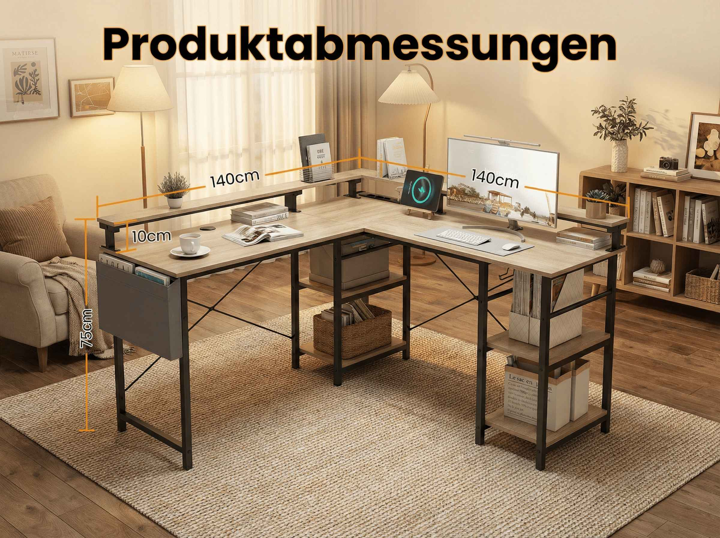 L-förmiger Schreibtisch mit Regalen, Maße 140x140cm, Höhe 75cm.