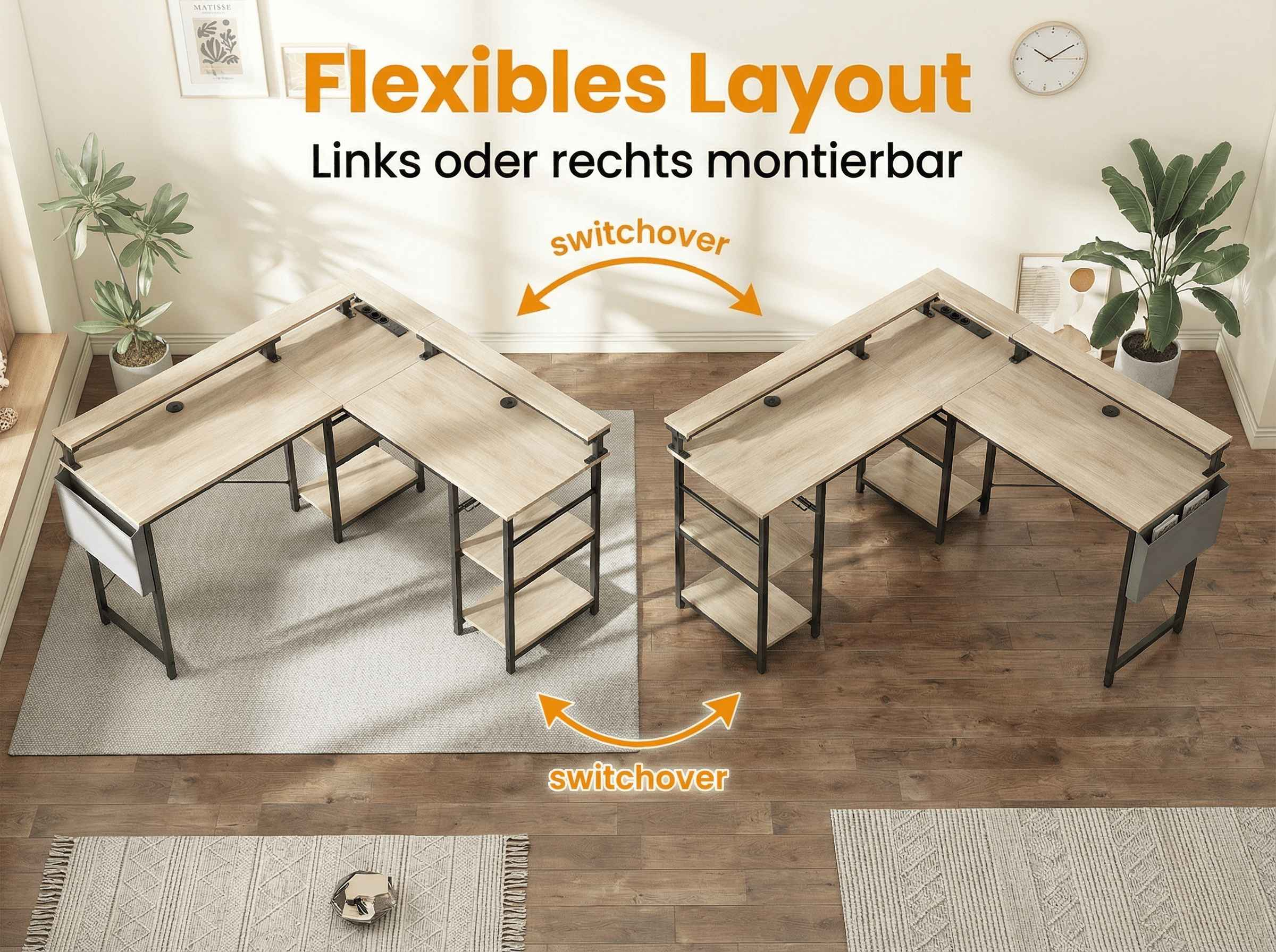 Zwei L-förmige Schreibtische mit Holzplatte und Metallrahmen.