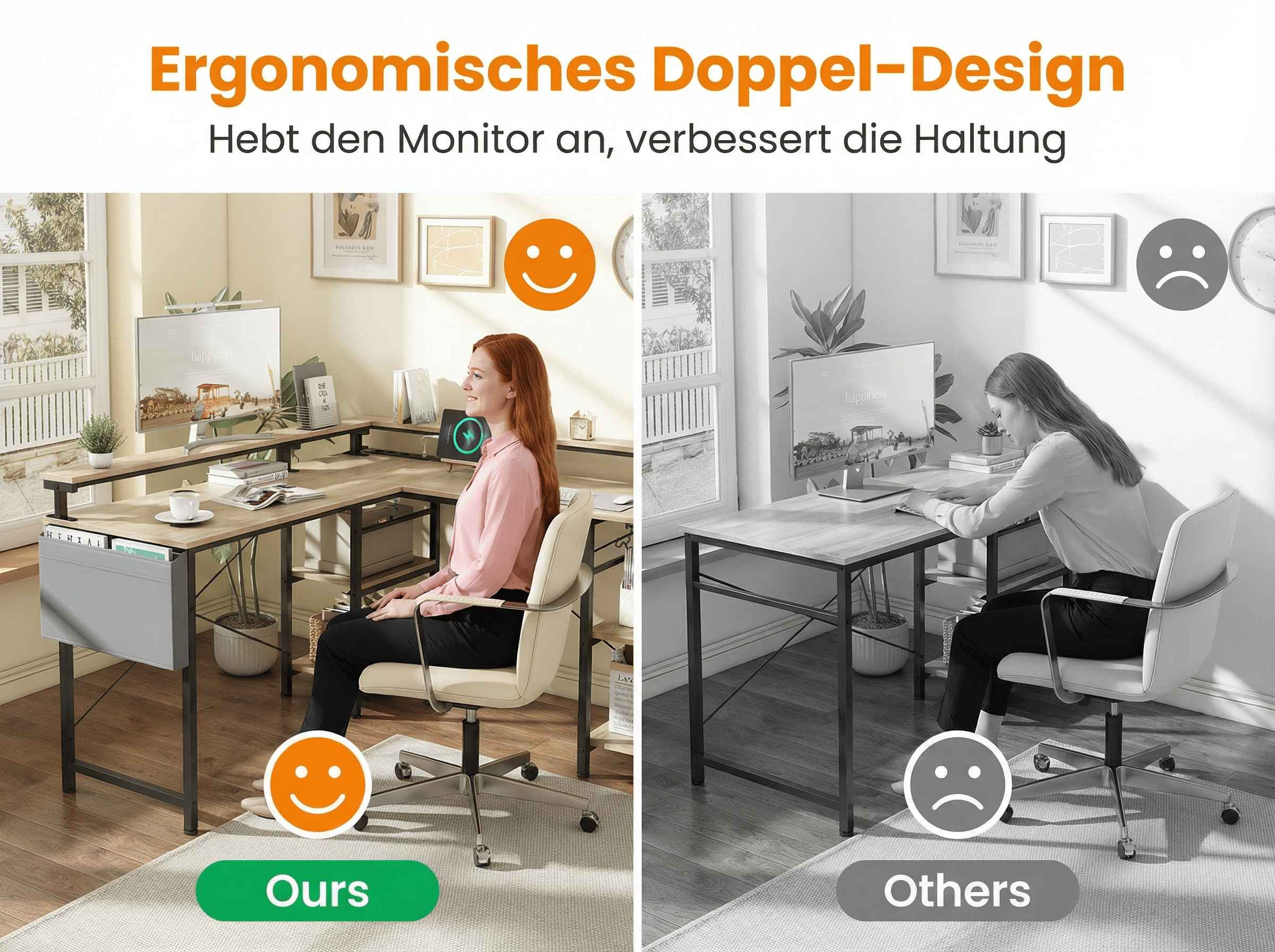 Ergonomisches Design: Frau sitzt aufrecht mit Monitorerhöhung, andere Frau krumm.