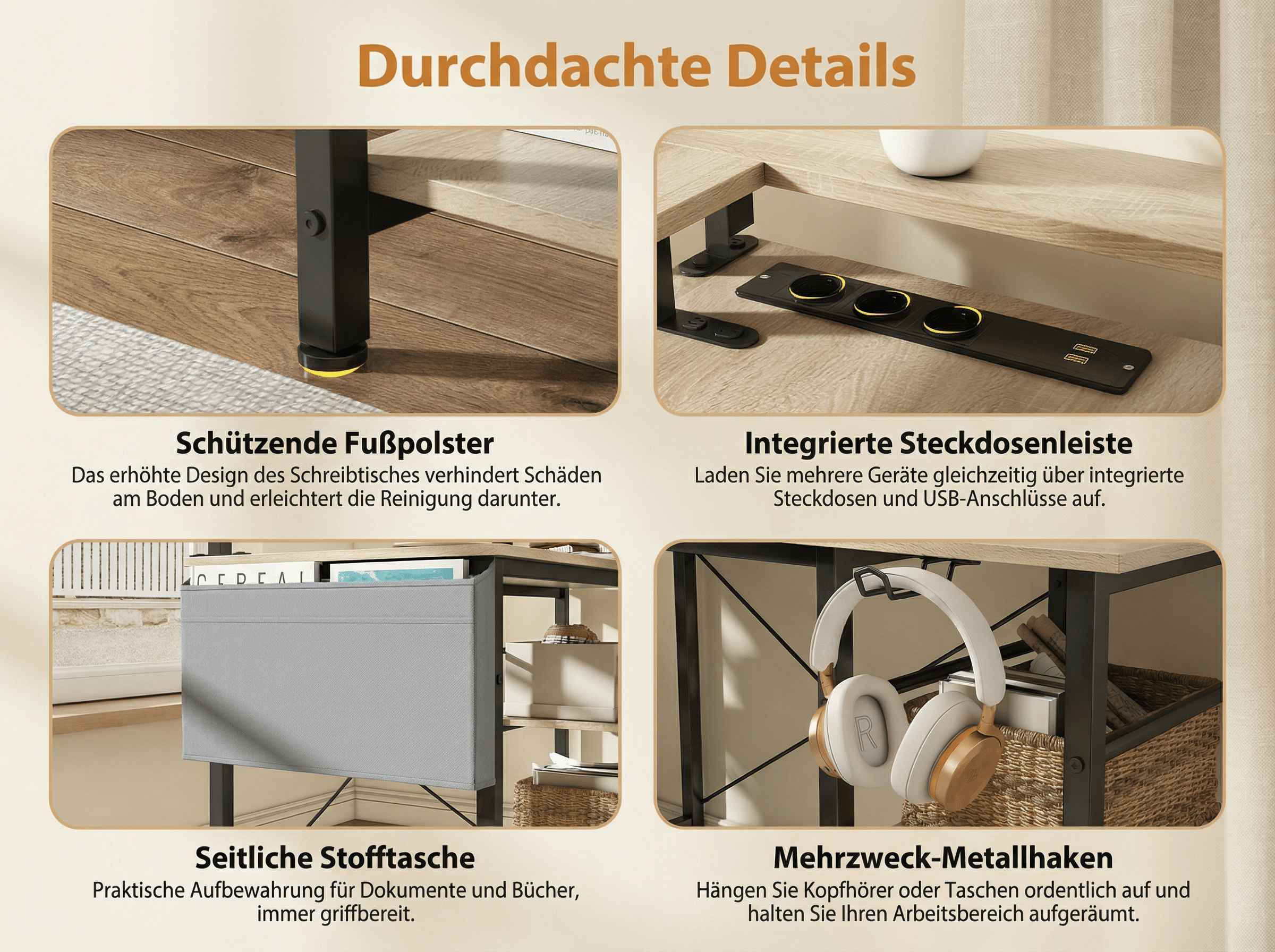 Vier Ausschnitte zeigen Schreibtischdetails: Fußpolster, Steckdosenleiste, Stofftasche, Kopfhörerhaken.