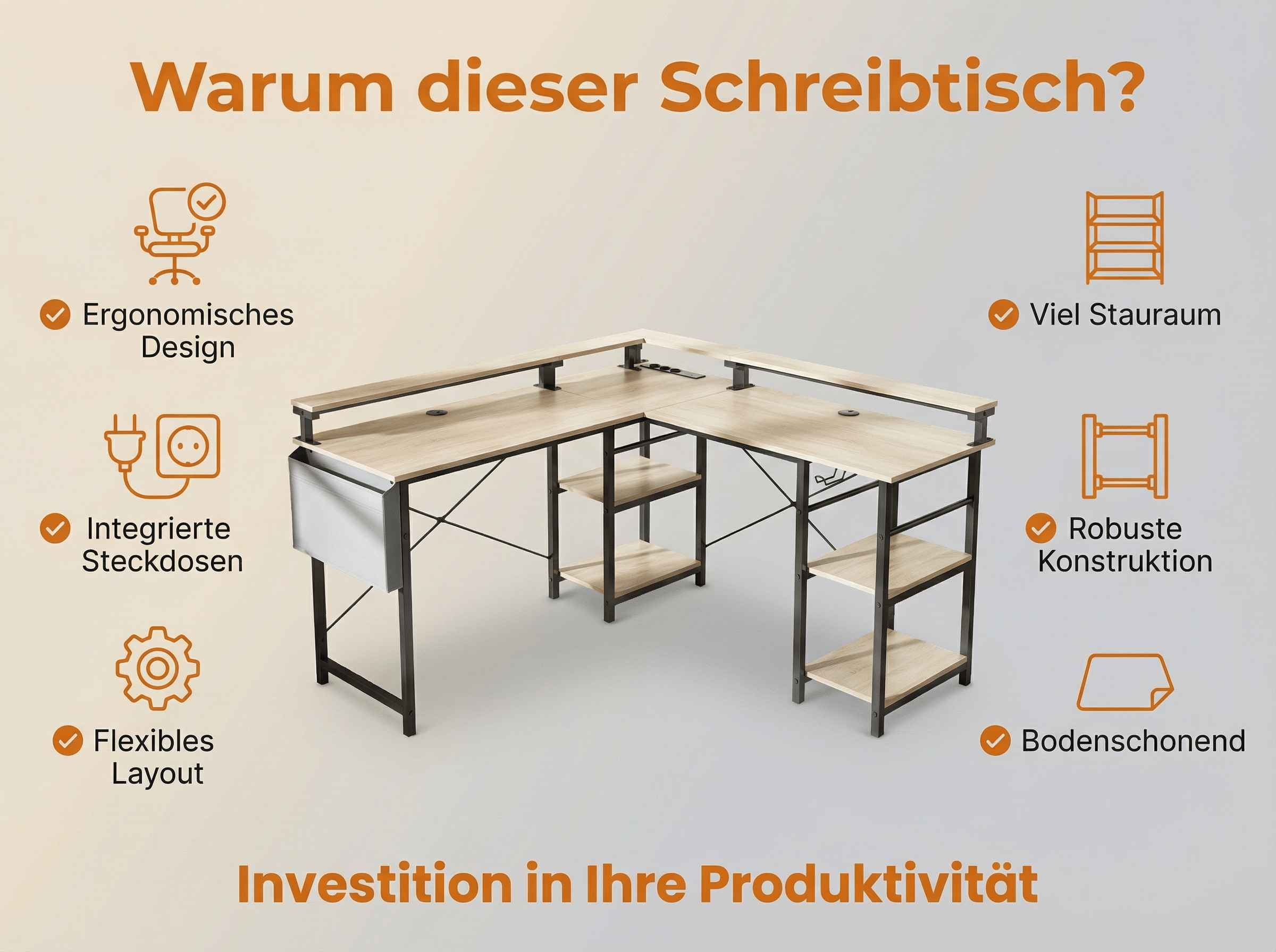 Ein Eckschreibtisch mit Holzoptik, schwarzen Metallbeinen und Regalen.