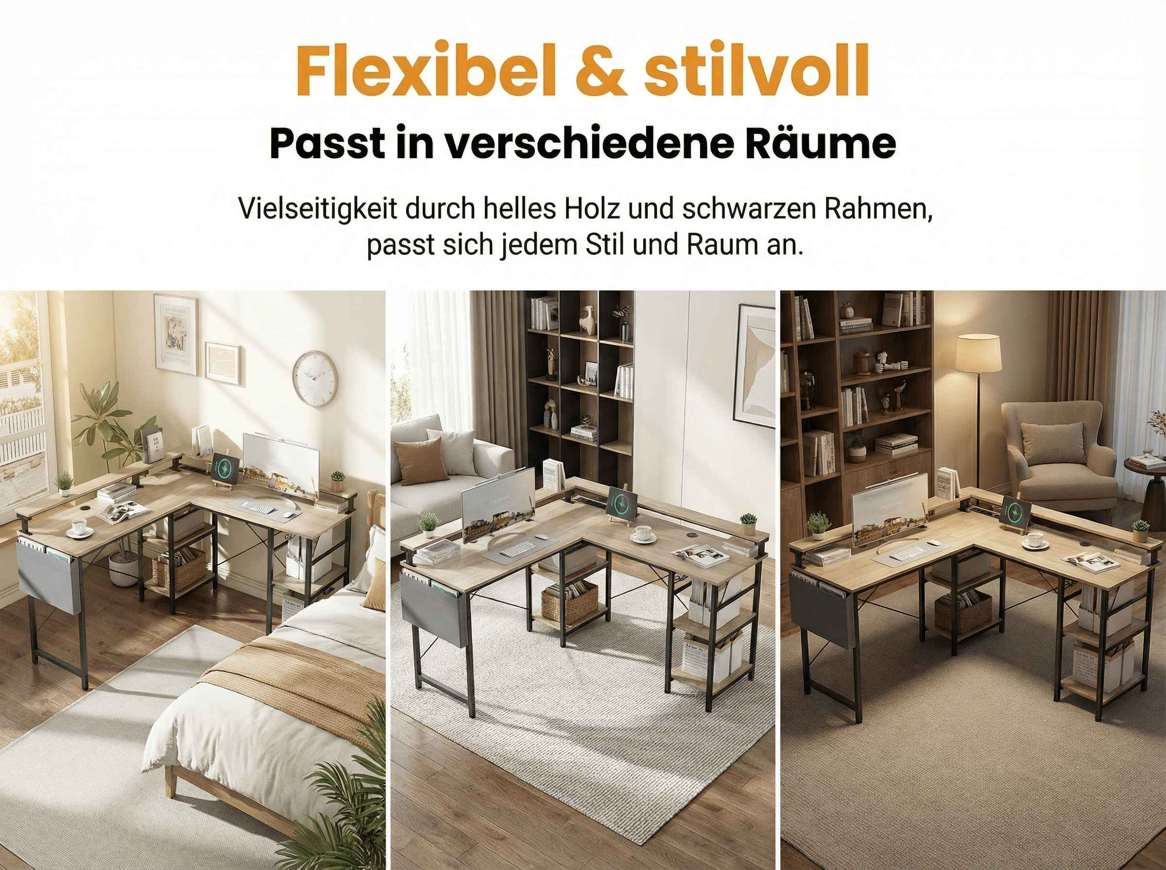 Schreibtisch-Kombination in hellem Holz und Schwarz, in verschiedenen Räumen.