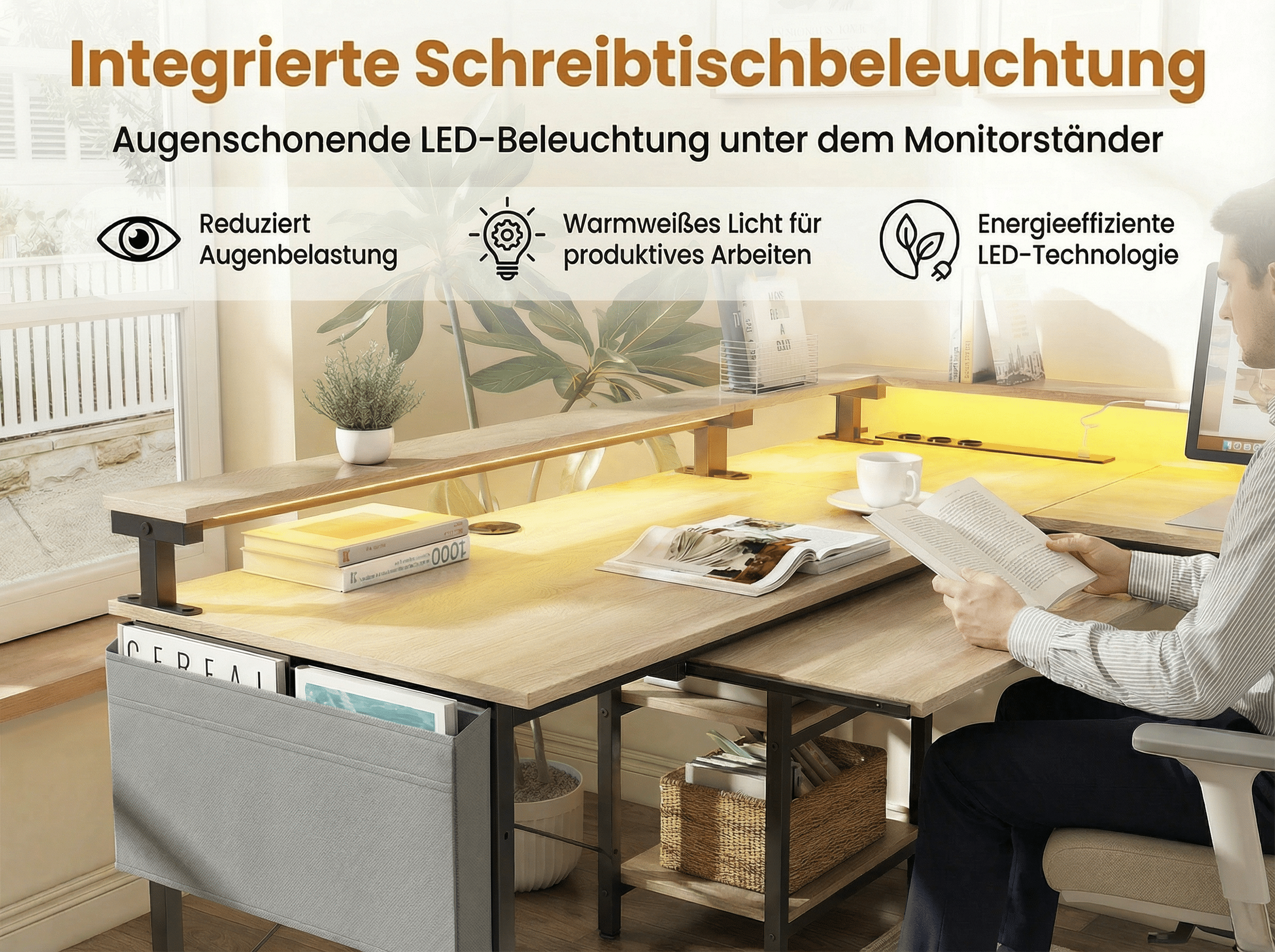 Schreibtisch mit integrierter LED-Beleuchtung unter Monitorständer. Mann liest Buch.