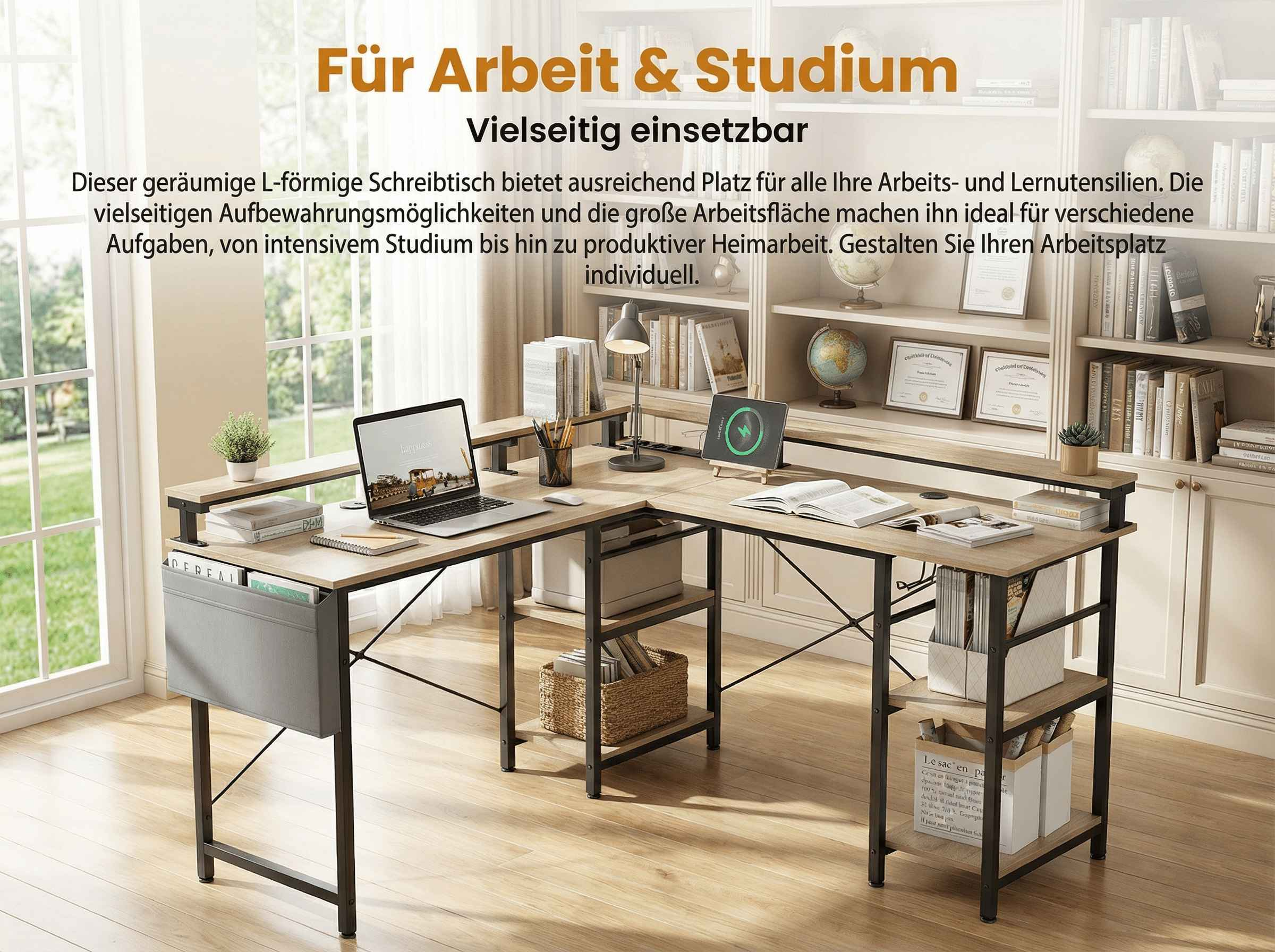 Geräumiger L-Schreibtisch mit Laptop, Büchern und Pflanzen, ideal für Arbeit & Studium.