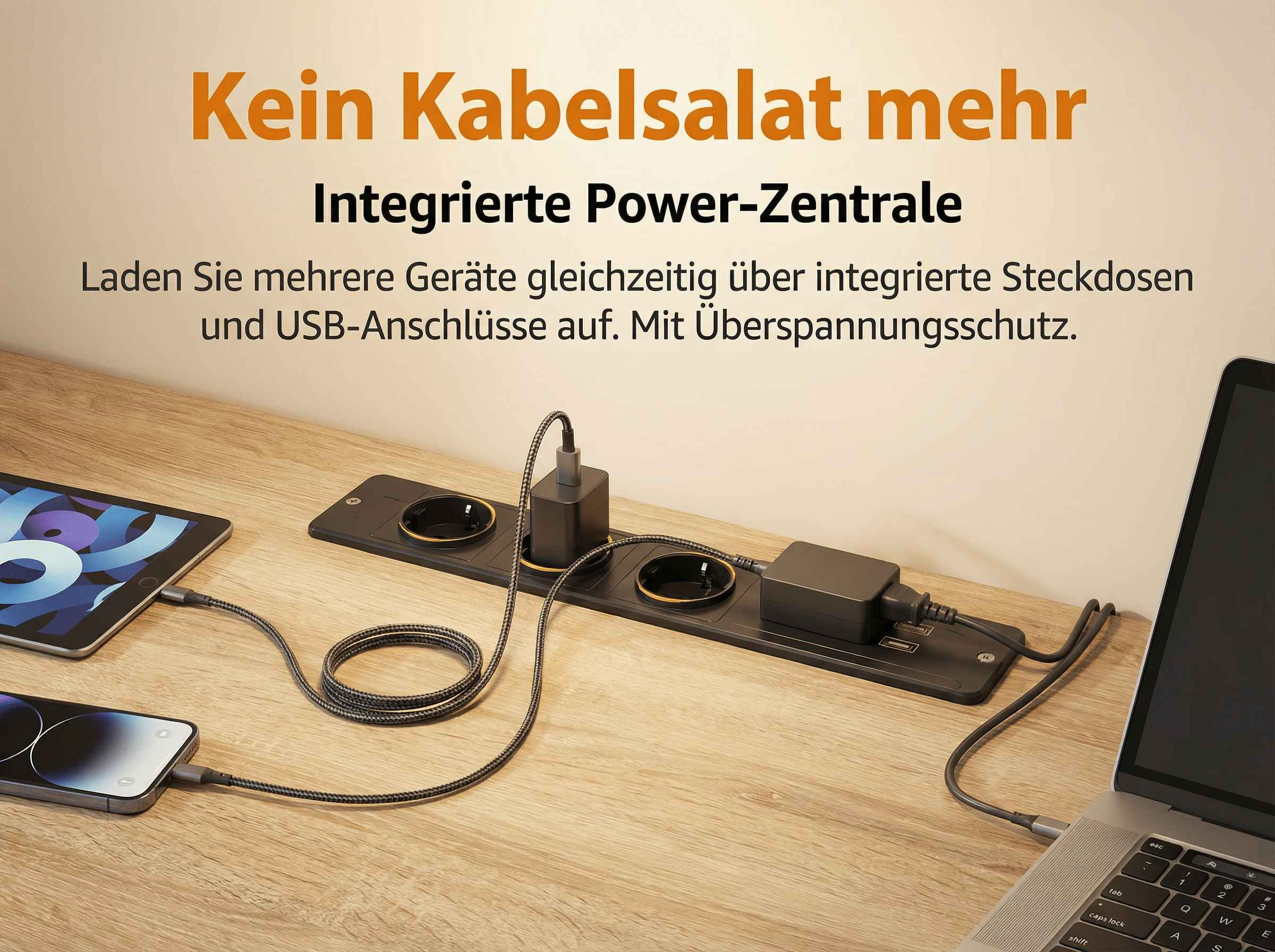 Schwarze Steckdosenleiste mit mehreren Geräten und Kabeln.