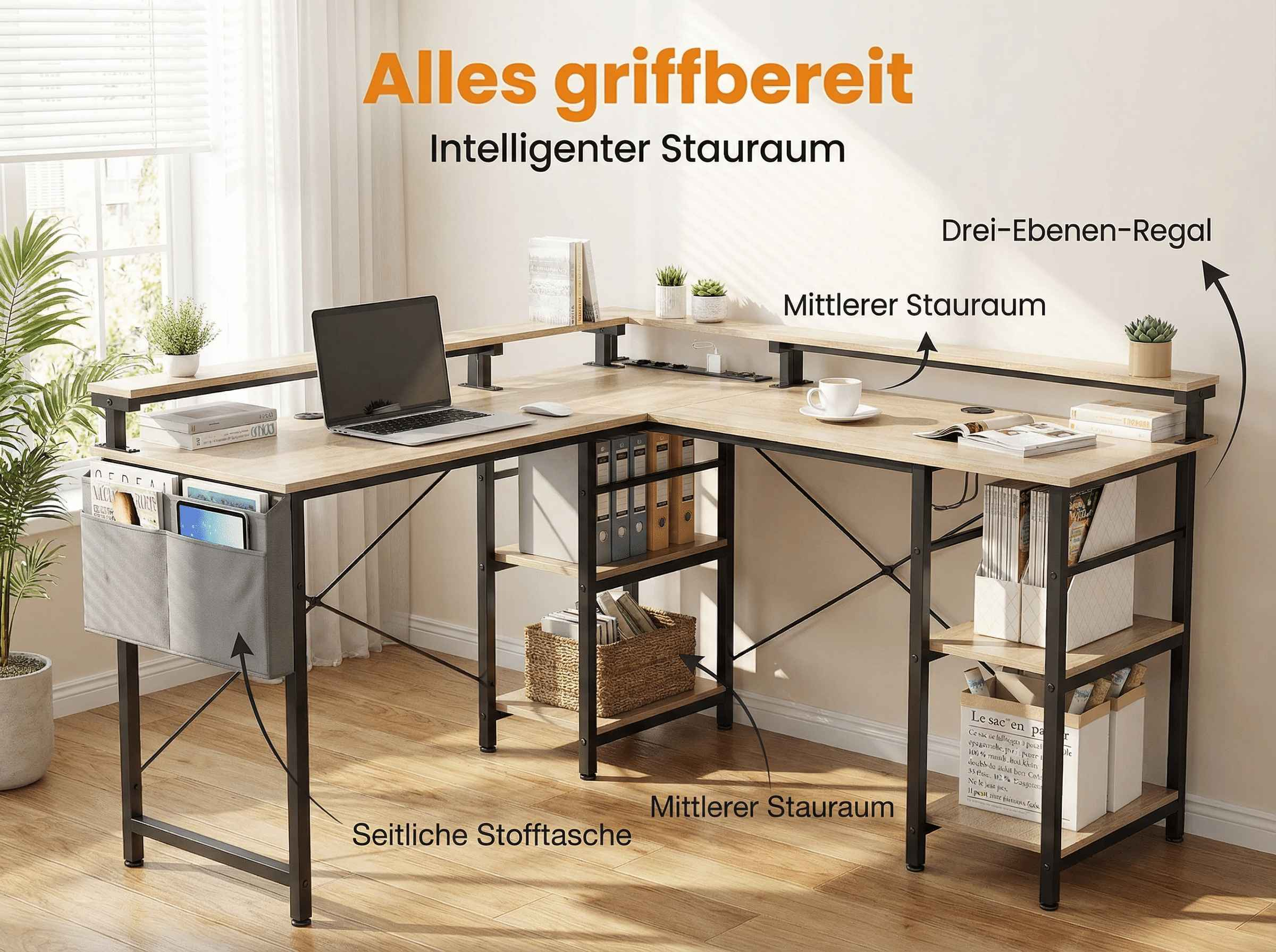 L-förmiger Schreibtisch mit Holzoberfläche, Laptop, Tasse und Aufbewahrung.