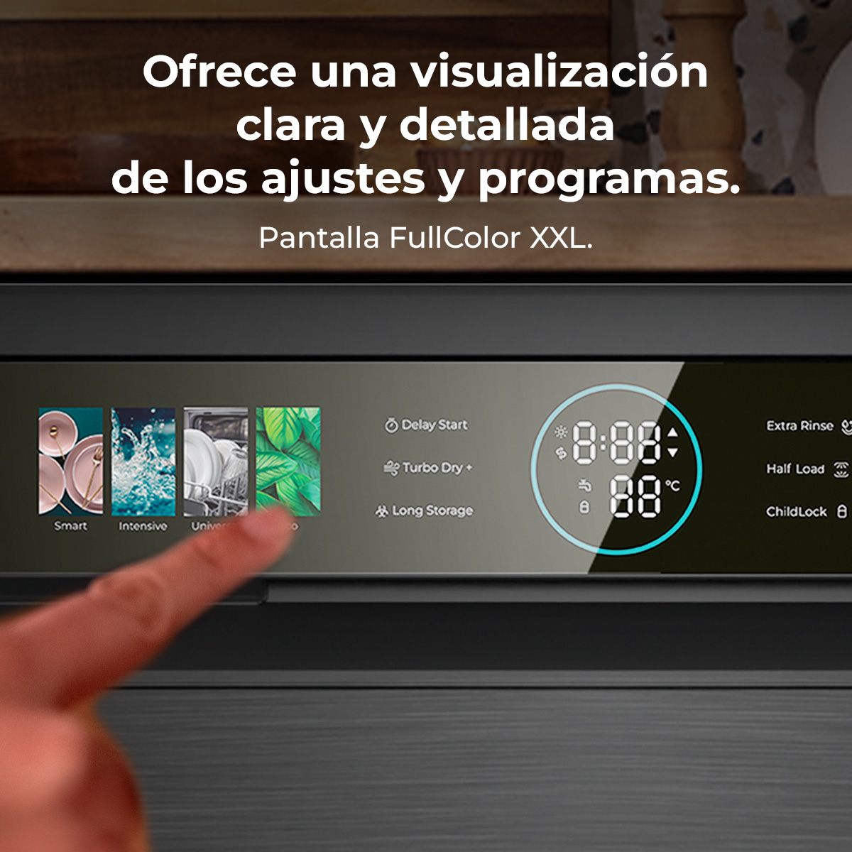 Ein Finger tippt auf ein digitales Display mit Programmen und Zeit.
