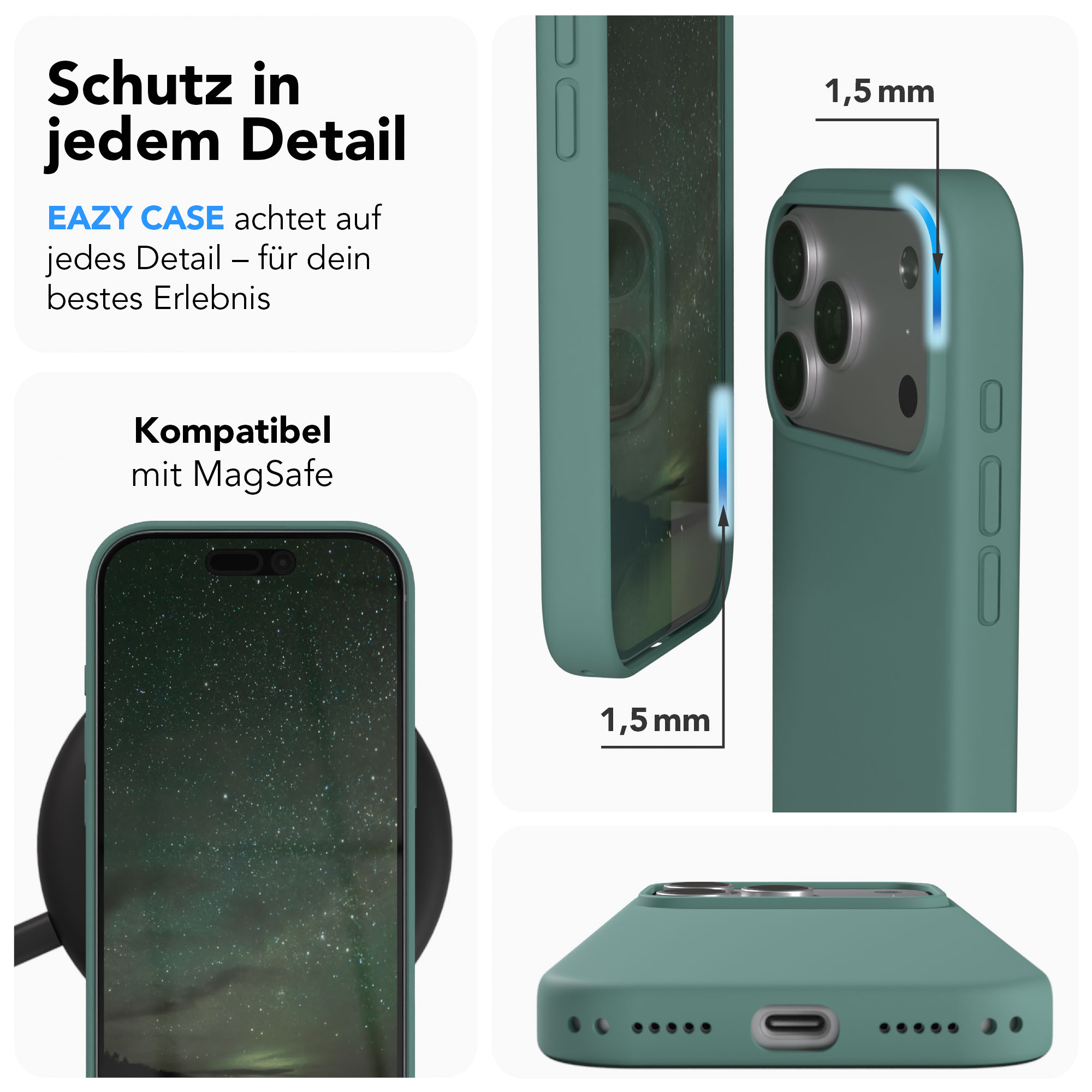 Grüne Handyhülle mit 1,5mm Rand, MagSafe-kompatibel, zeigt iPhone-Kamera.