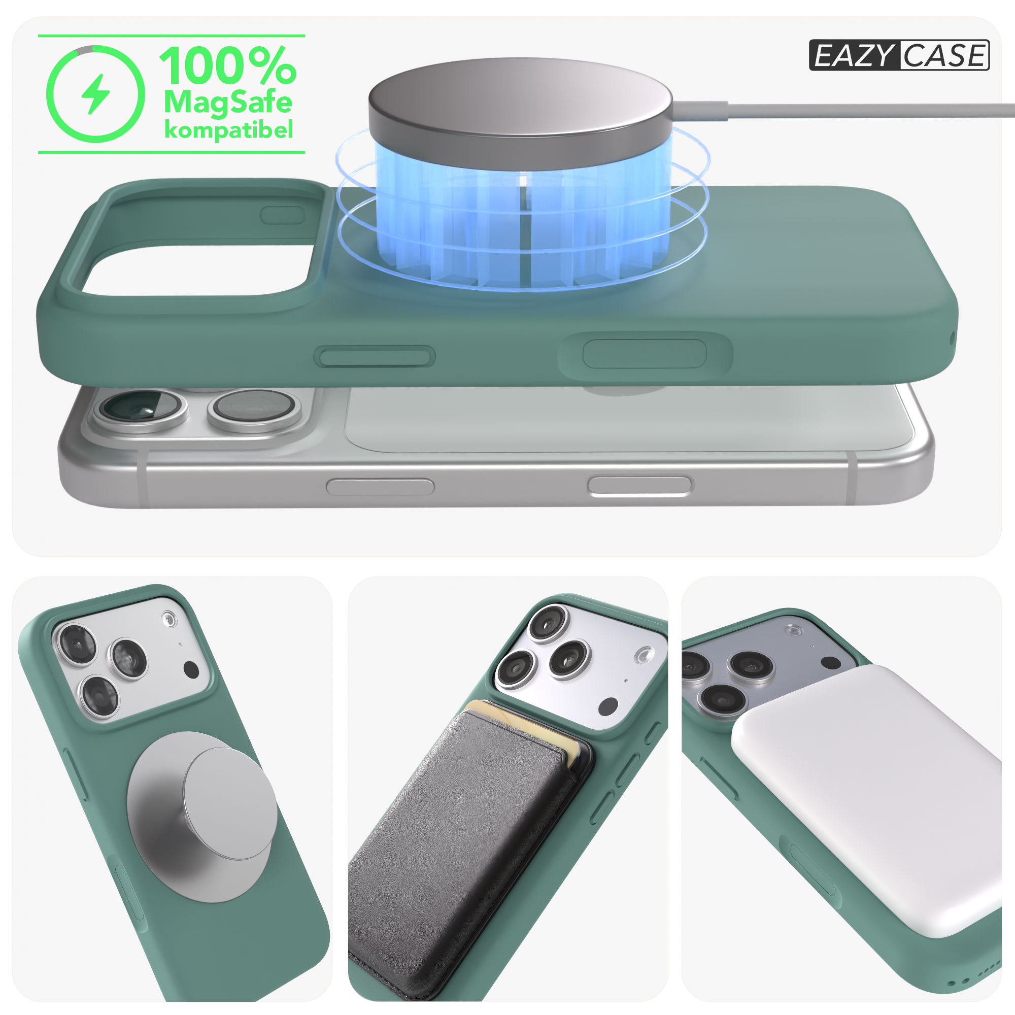 Ein grünes iPhone-Case mit MagSafe-Ladegerät, Kartenhalter und Akku.
