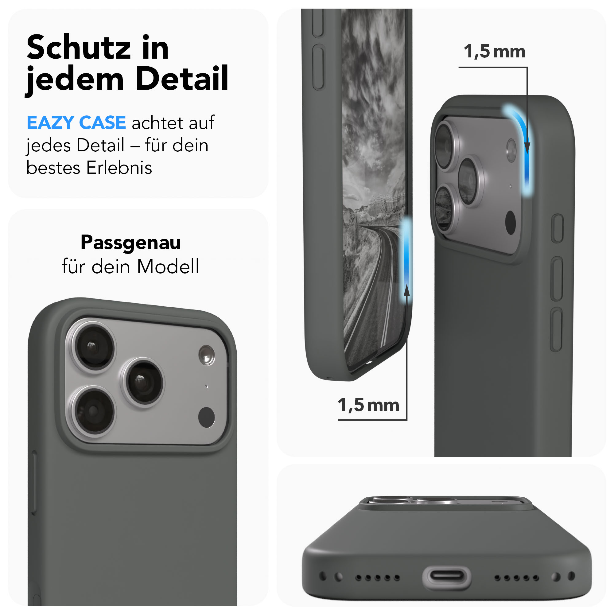 Graue Handyhülle zeigt Kameras und 1,5mm Schutzrand.