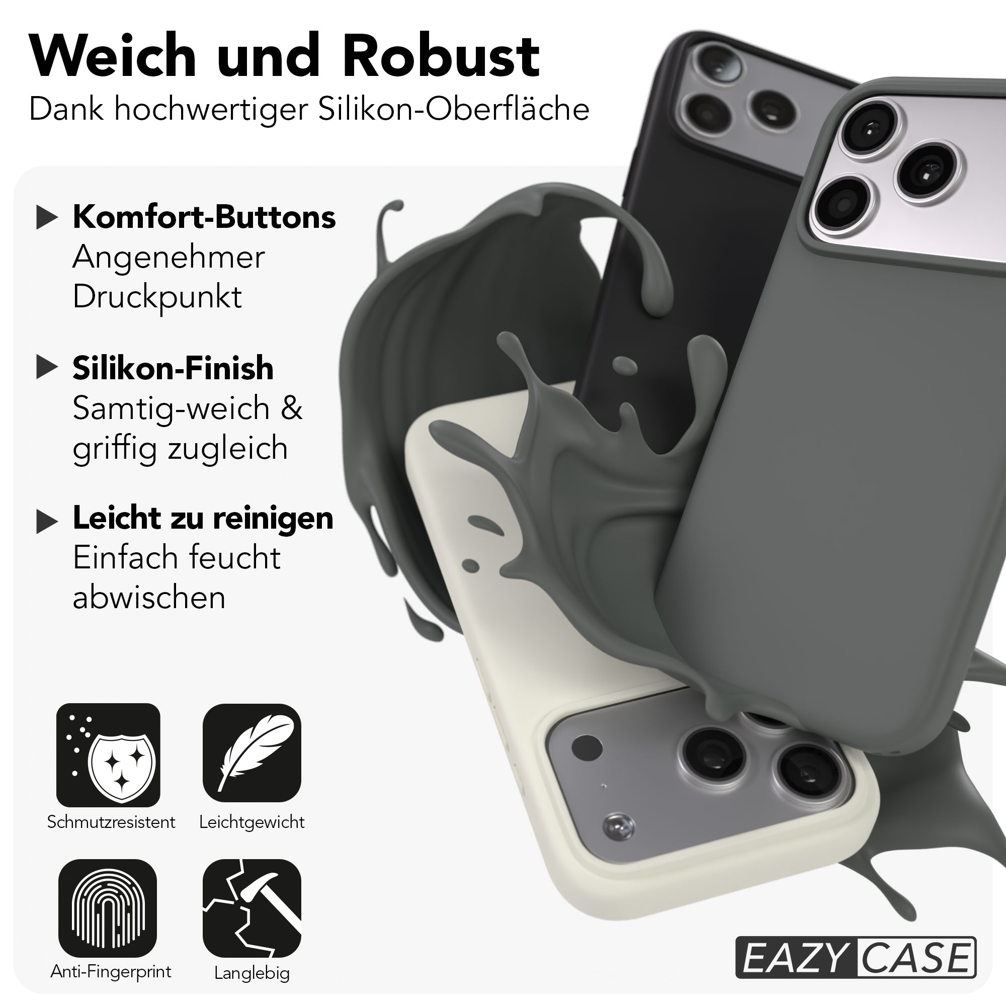 Drei Handyhüllen in Grau und Schwarz, umgeben von flüssigem Silikon.