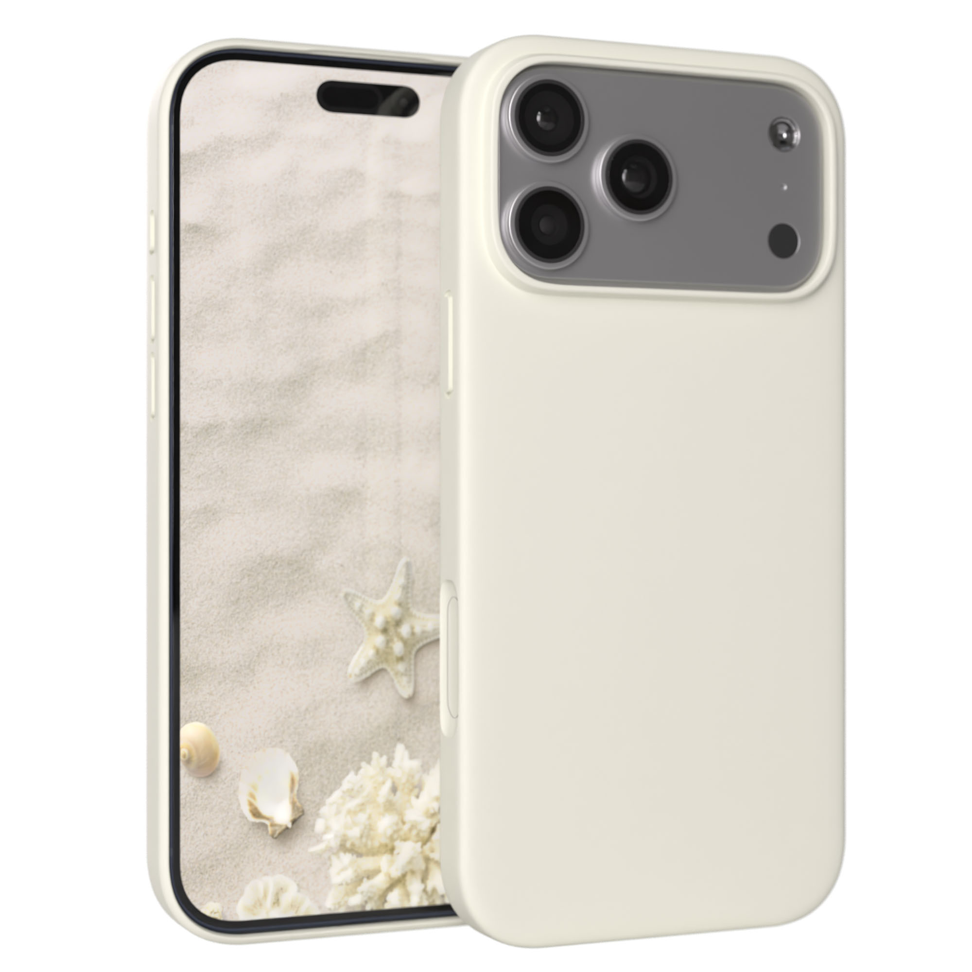 Ein cremefarbenes Handy mit Strandmotiv auf dem Display und drei Kameralinsen.