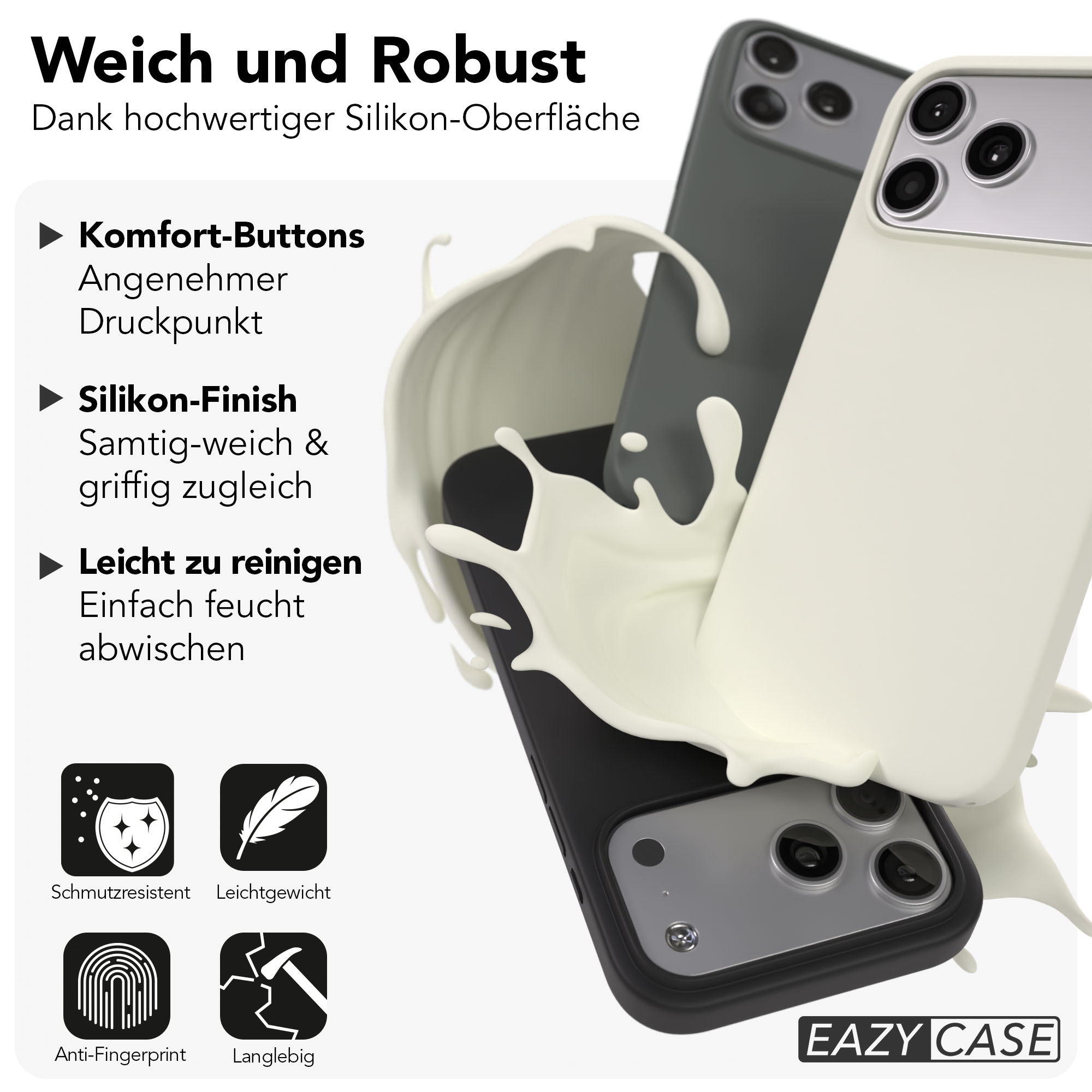 Zwei iPhone-Hüllen, eine hell, eine dunkel, mit weißer Flüssigkeit.