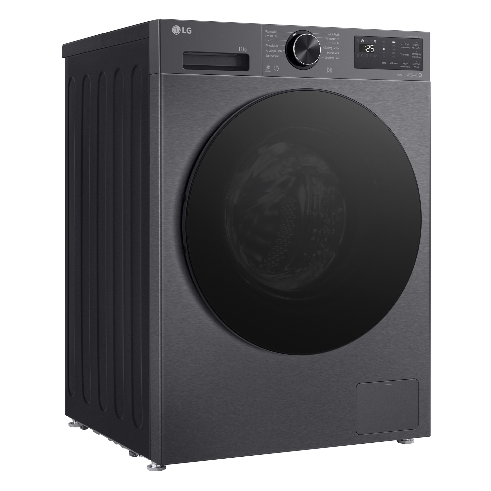 Dunkelgraue LG Waschmaschine mit rundem schwarzen Bullauge und Bedienfeld.