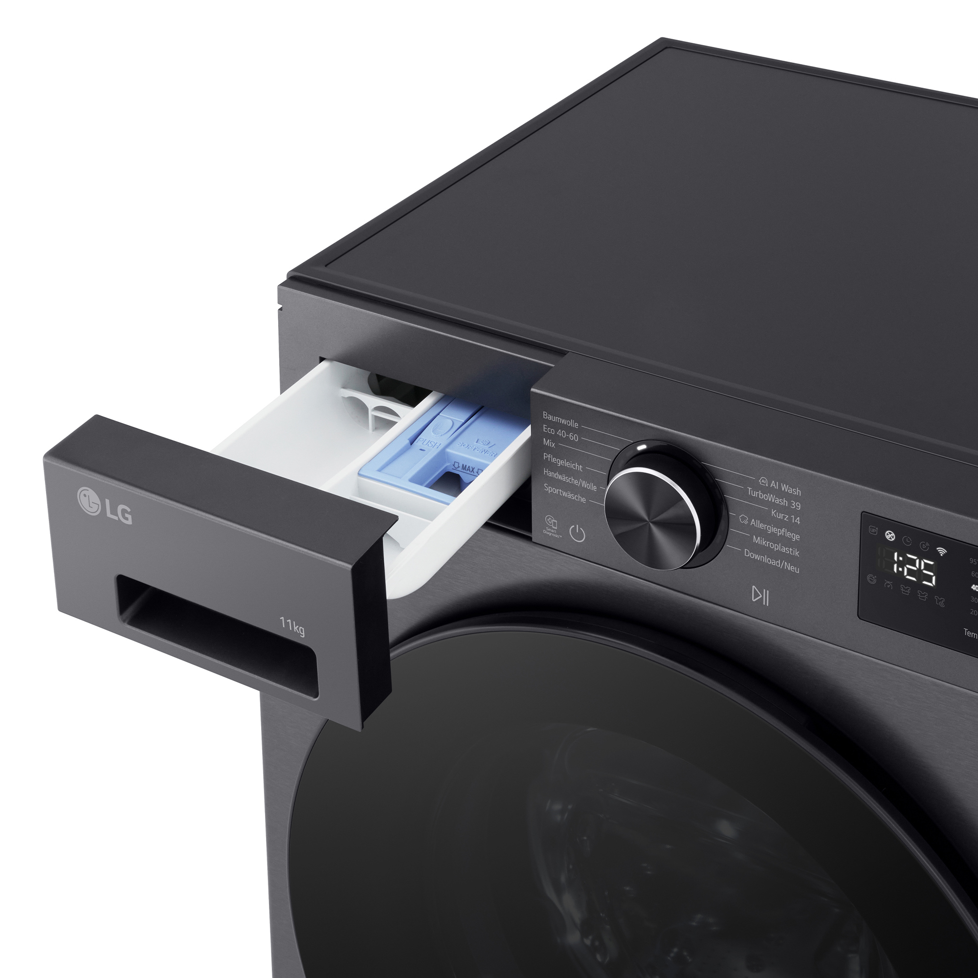 Dunkelgraue LG Waschmaschine mit ausgefahrener Schublade für Waschmittel und Bedienfeld.